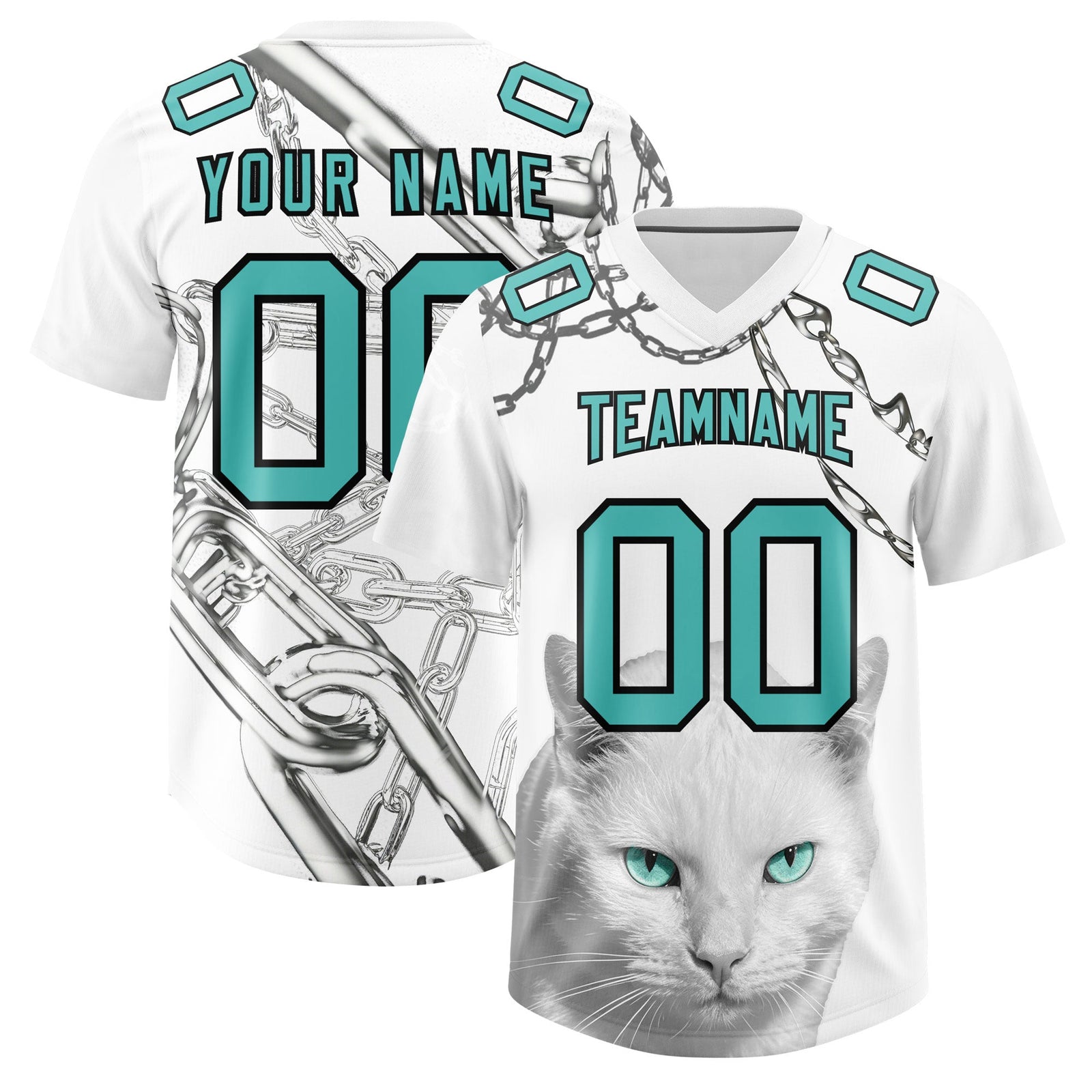 Custom White Teal Graffiti Pattern Chains Football Jersey| KXKSHOP
