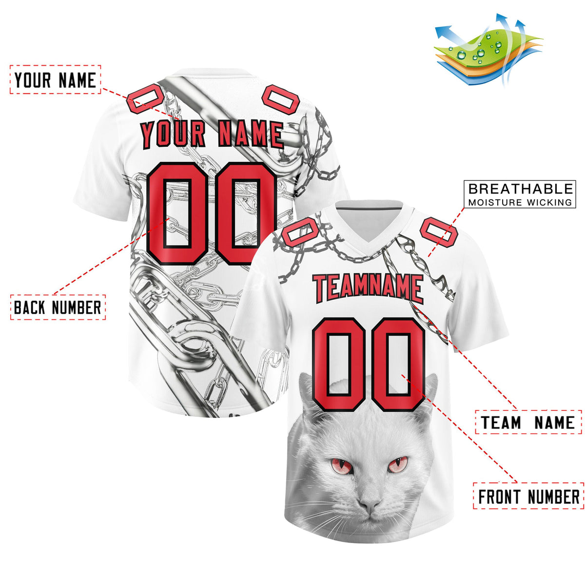 Custom White Light Red Graffiti Pattern Chains Football Jersey| KXKSHOP
