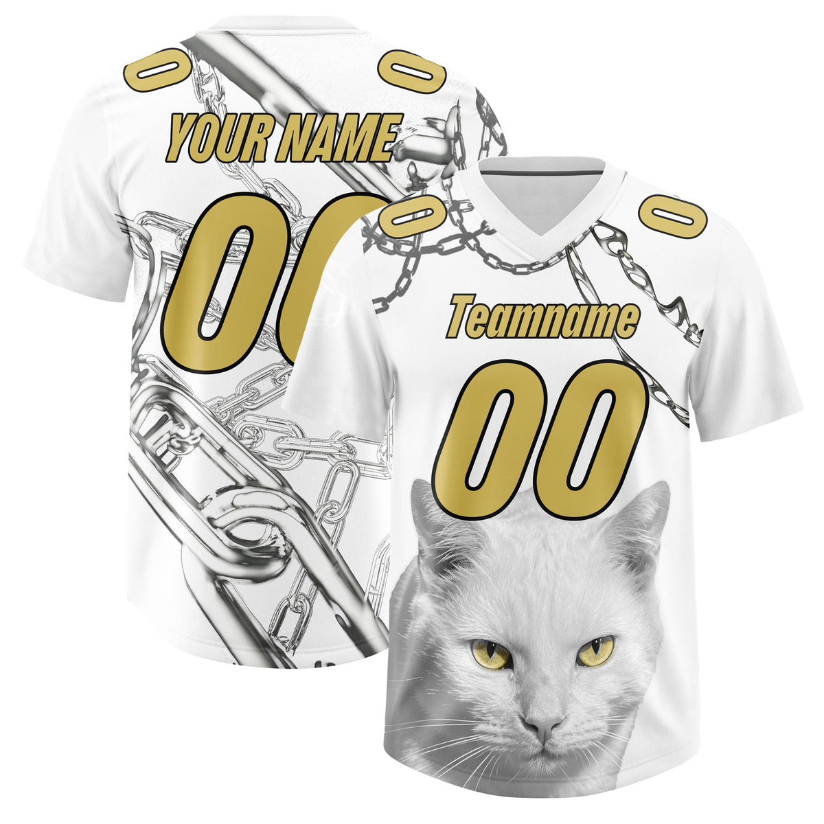 Custom White Old Gold Graffiti Pattern Chains Football Jersey| KXKSHOP
