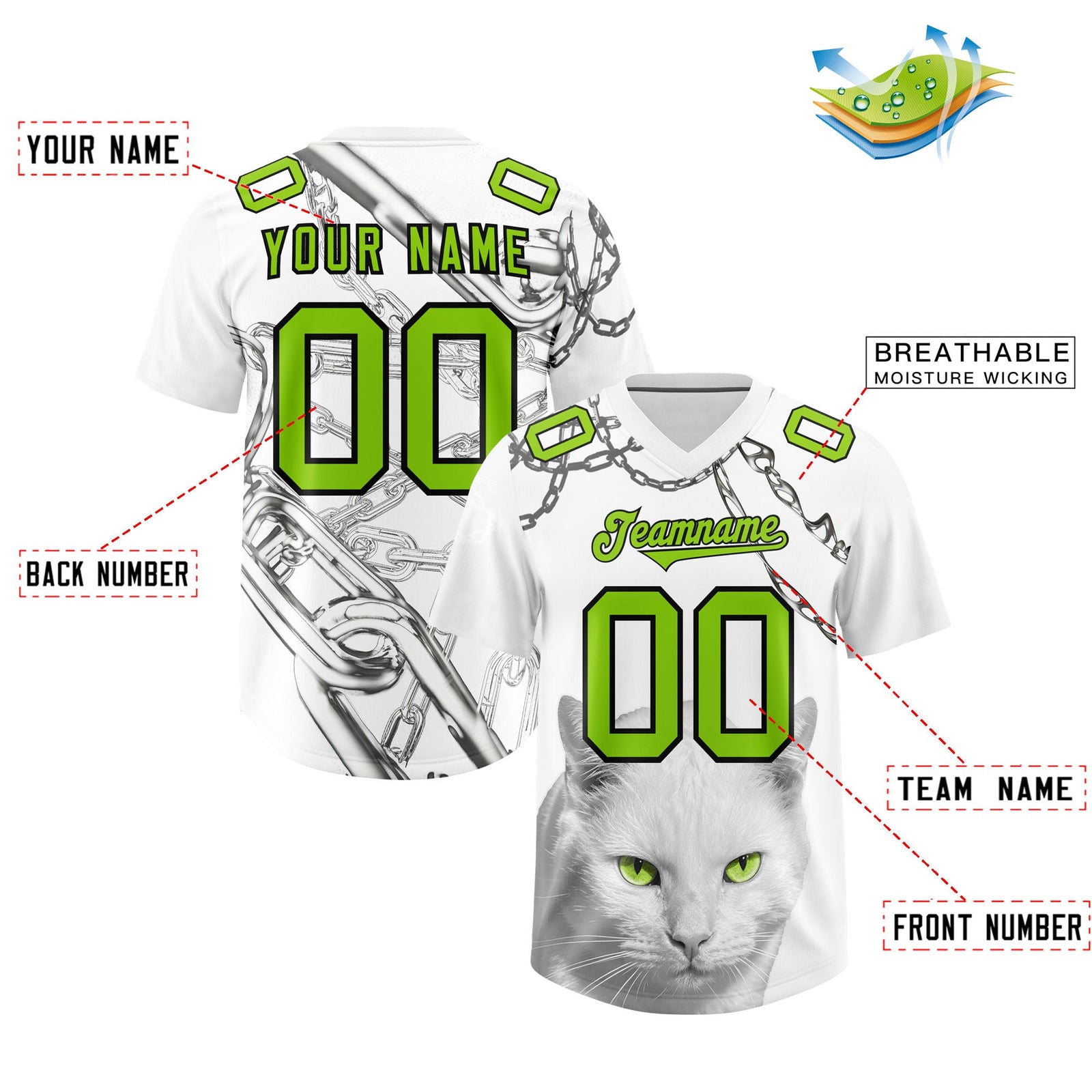 Custom White Neon Green Graffiti Pattern Chains Football Jersey| KXKSHOP