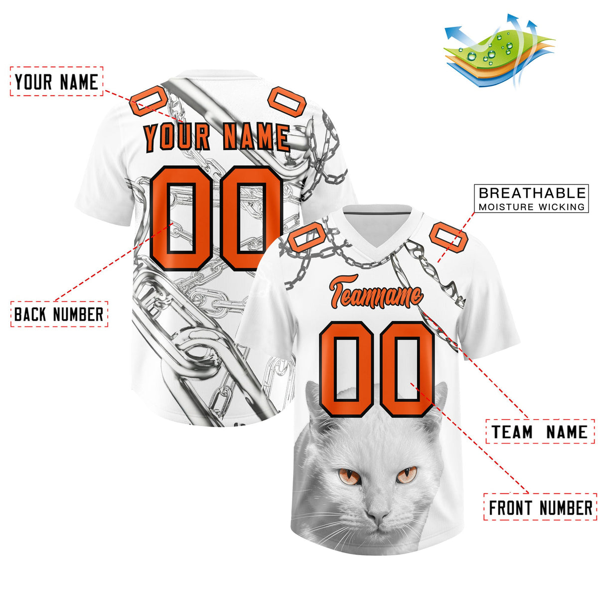 Custom White Orange Graffiti Pattern Chains Football Jersey| KXKSHOP