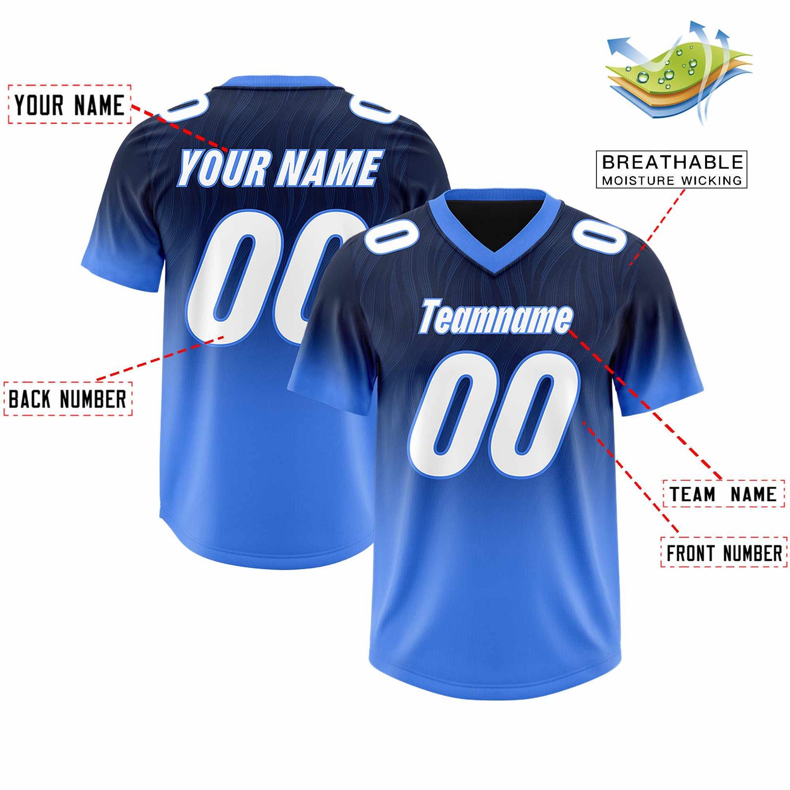 Custom Navy Powder Blue Gradient Fashion Outdoor Authentic Football Jersey