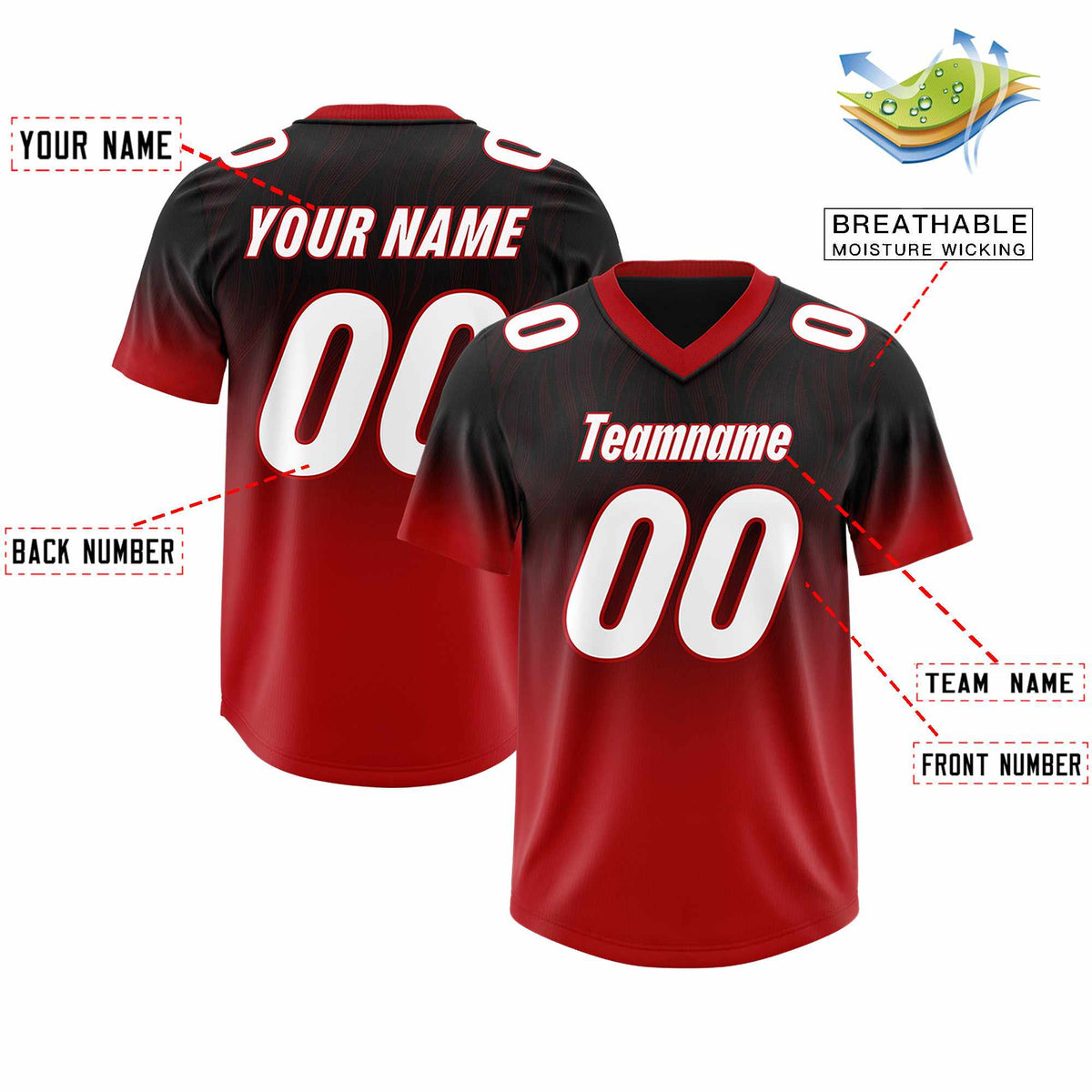 Custom Black Red Gradient Fashion Outdoor Authentic Football Jersey
