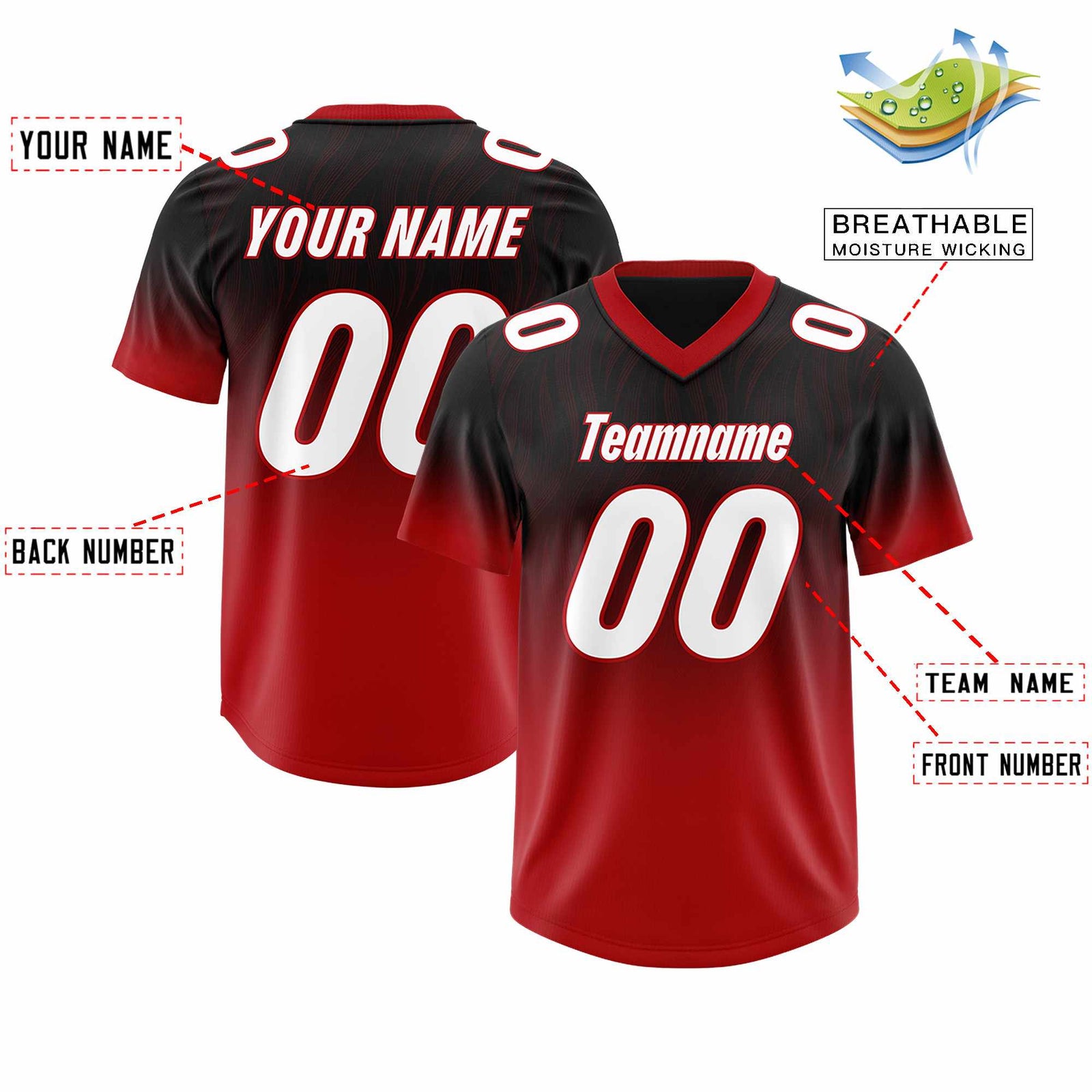 Custom Black Red Gradient Fashion Outdoor Authentic Football Jersey