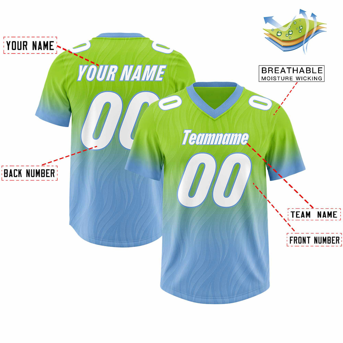 Custom Neon Green Powder Blue Gradient Fashion Outdoor Authentic Football Jersey