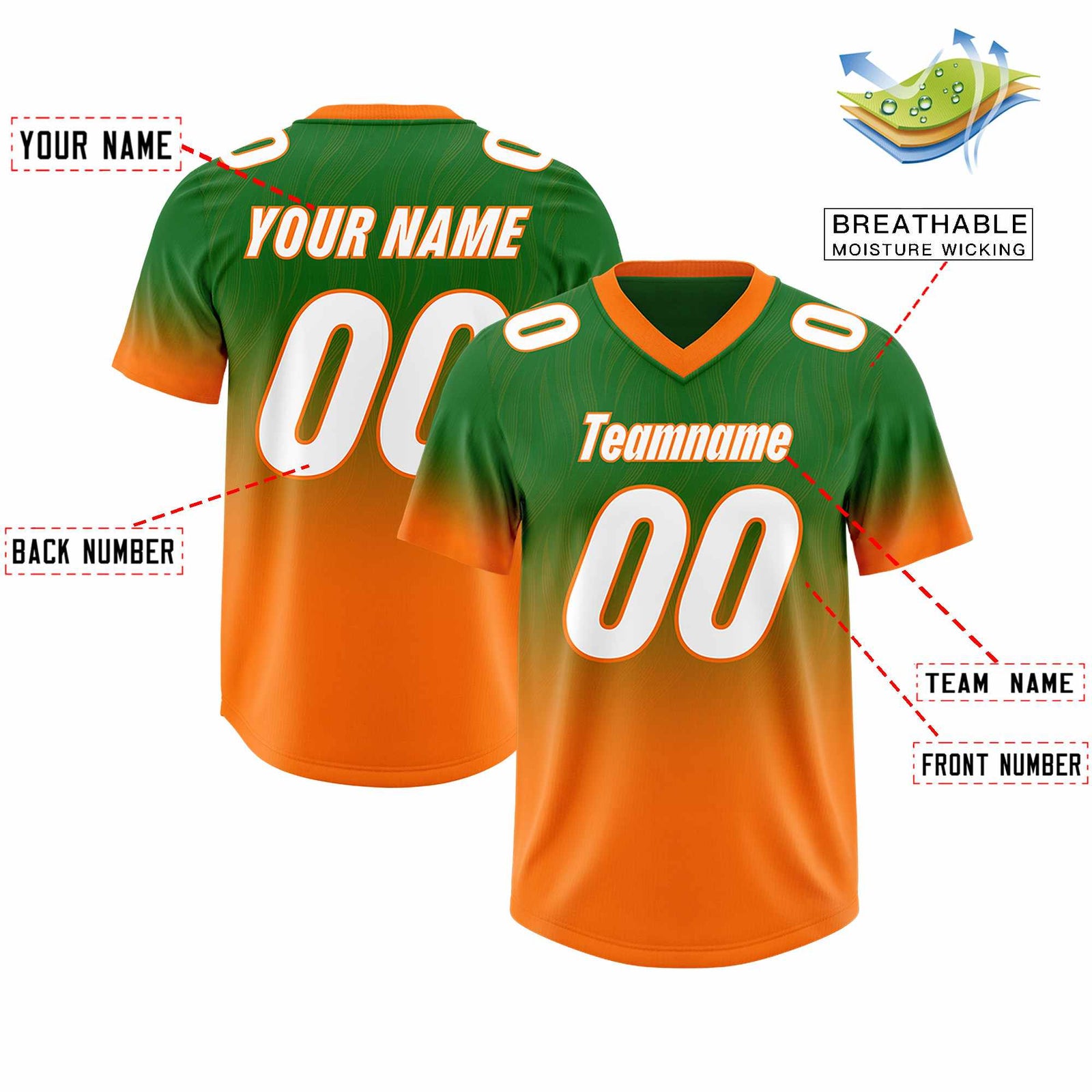 Custom Kelly Green Orange Gradient Fashion Outdoor Authentic Football Jersey