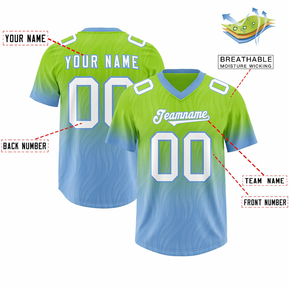 Custom Neon Green Powder Blue Gradient Fashion Outdoor Authentic Football Jersey