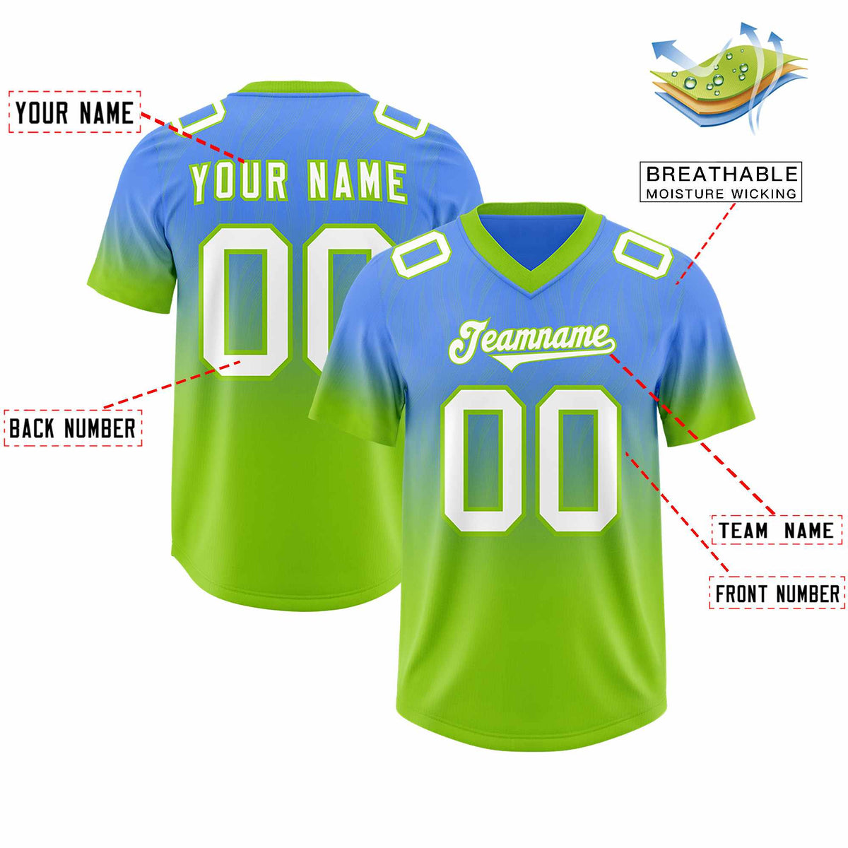 Custom Powder Blue Neon Green Gradient Fashion Outdoor Authentic Football Jersey
