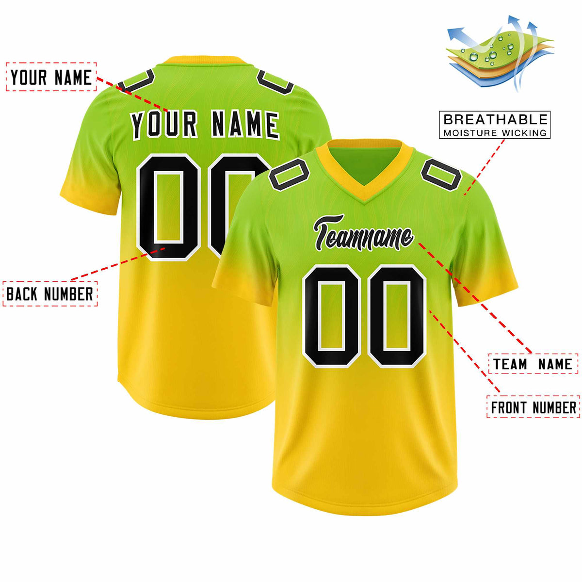 Custom Neon Green Gold Gradient Fashion Outdoor Authentic Football Jersey