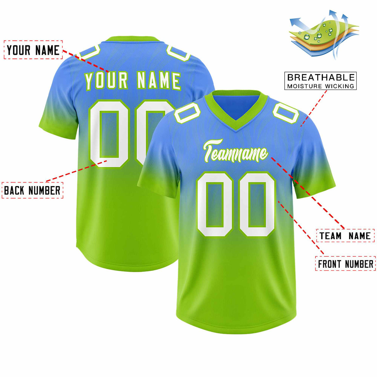 Custom Powder Blue Neon Green Gradient Fashion Outdoor Authentic Football Jersey