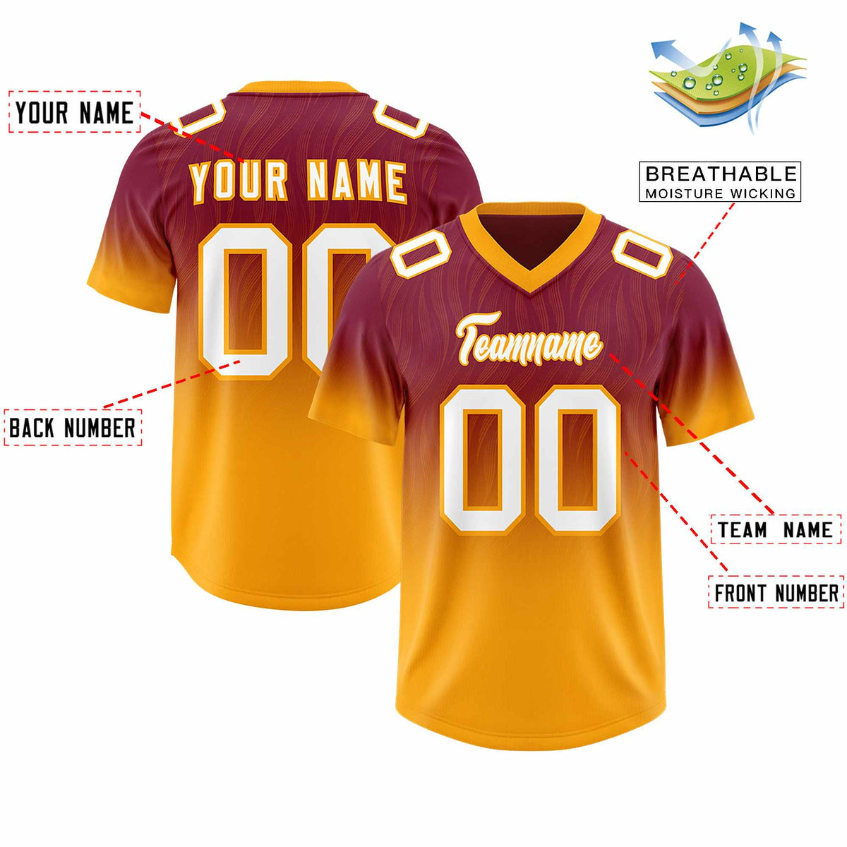 Custom Cardinal Yellow Gradient Fashion Outdoor Authentic Football Jersey