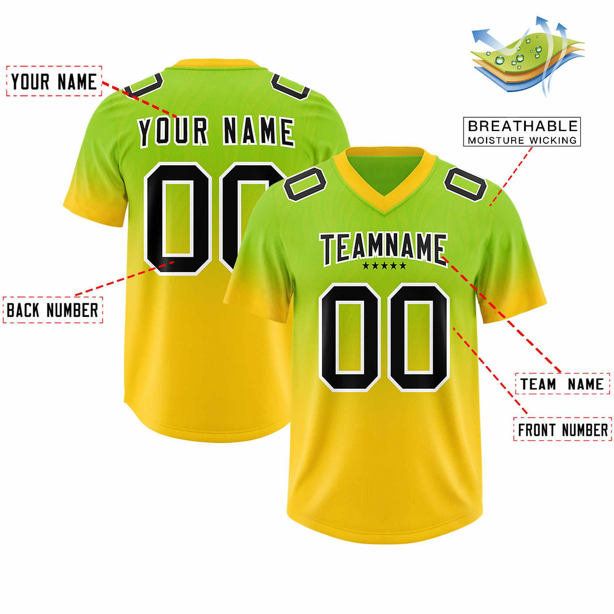 Custom Neon Green Gold Gradient Fashion Outdoor Authentic Football Jersey