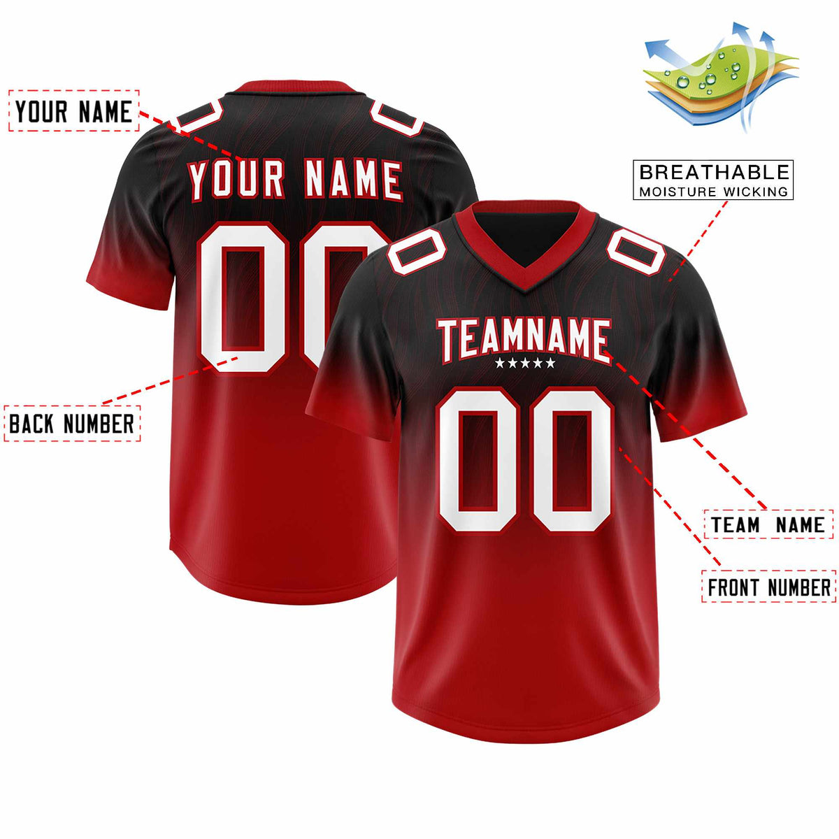 Custom Black Red Gradient Fashion Outdoor Authentic Football Jersey