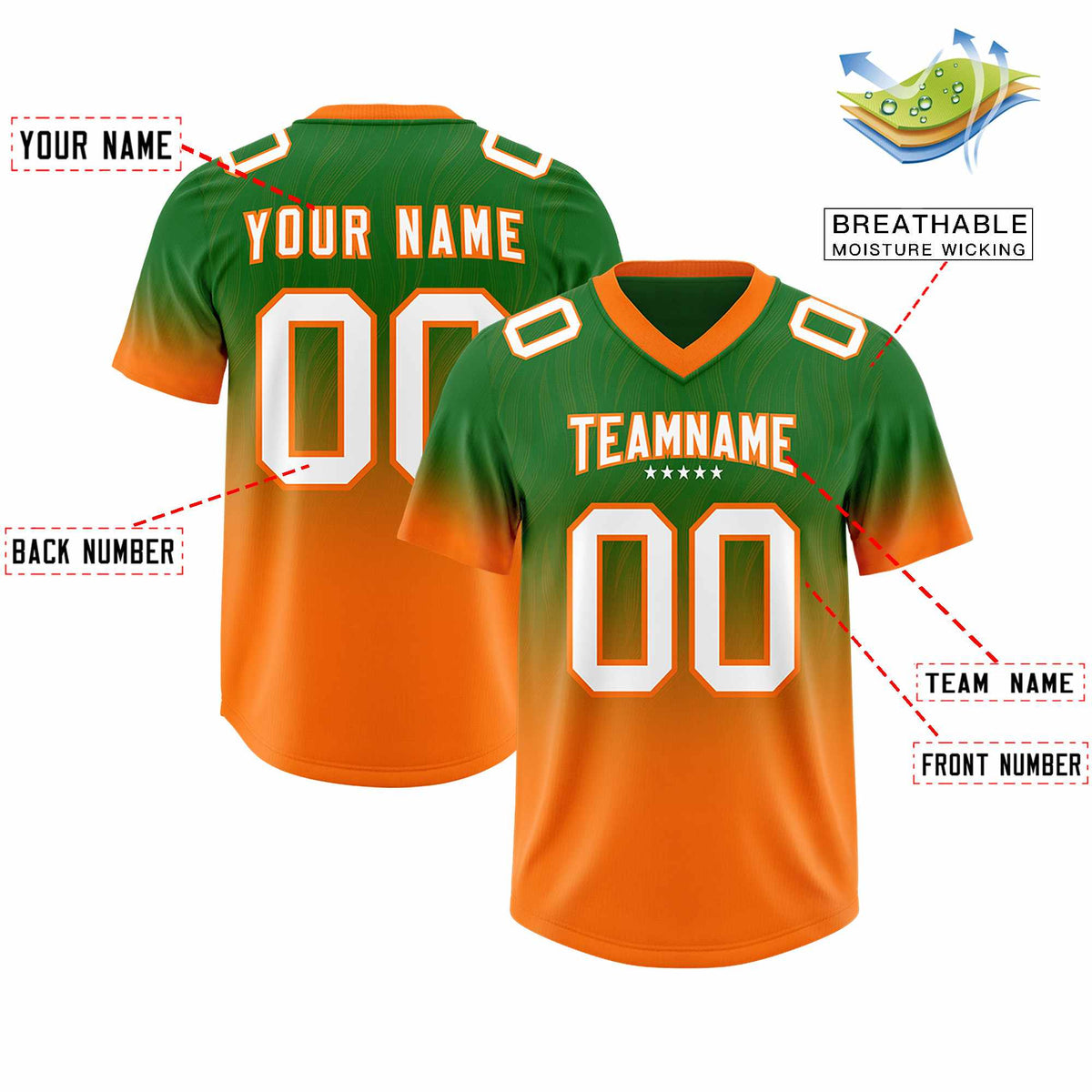 Custom Kelly Green Orange Gradient Fashion Outdoor Authentic Football Jersey