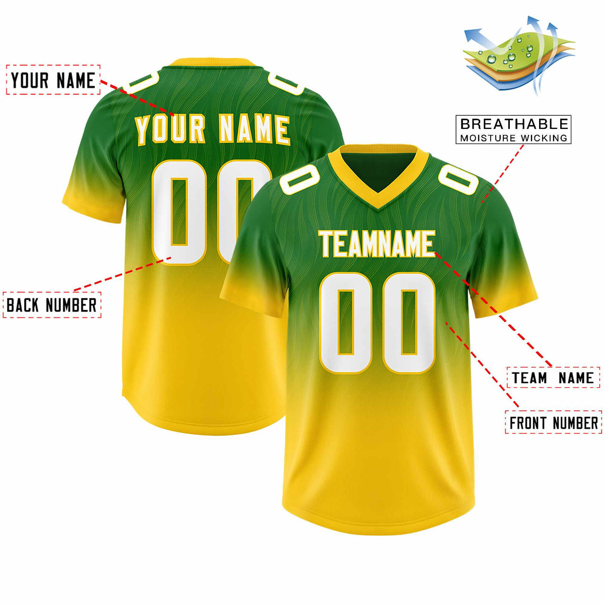 Custom Kelly Green Gold Gradient Fashion Outdoor Authentic Football Jersey