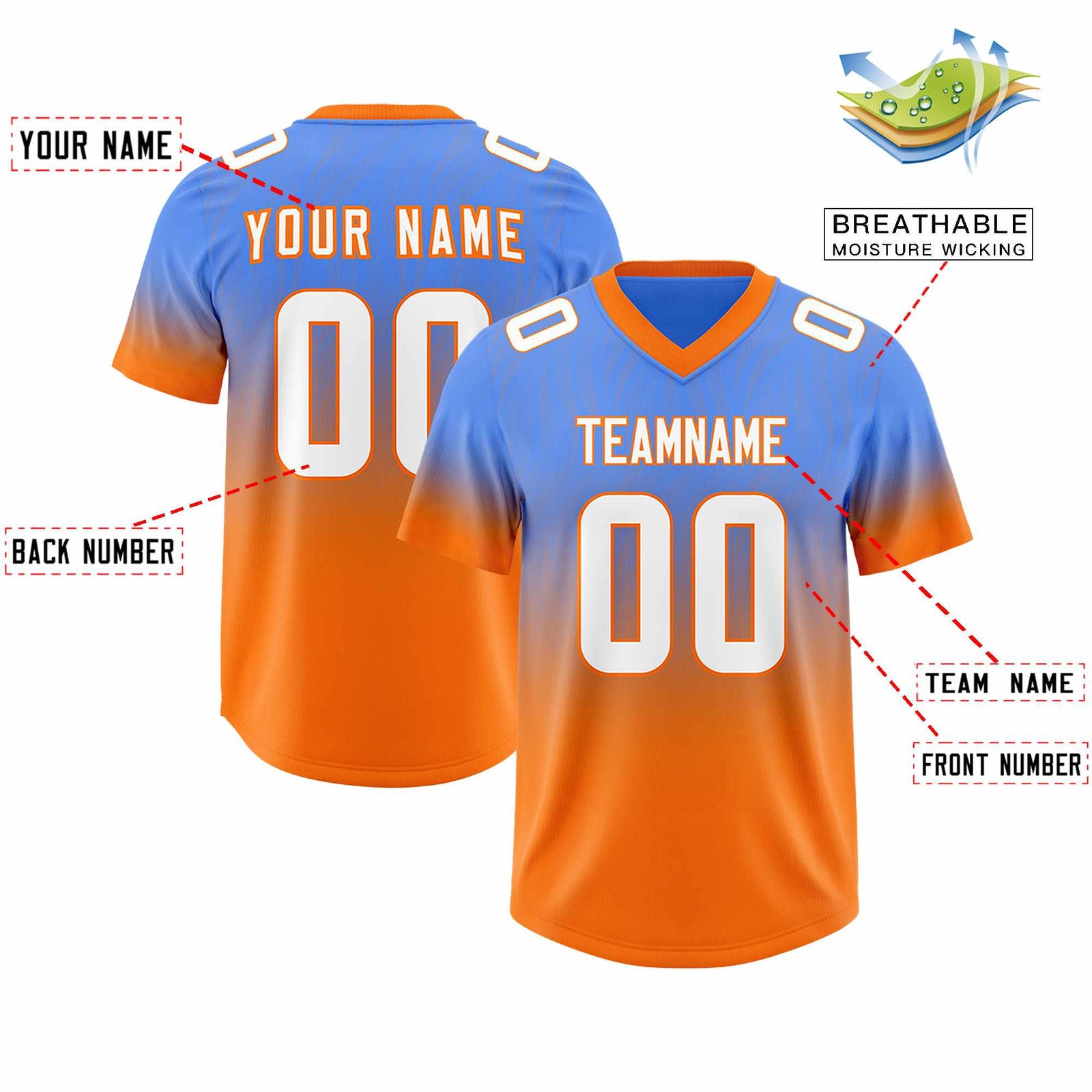 Custom Powder Blue Orange Gradient Fashion Outdoor Authentic Football Jersey