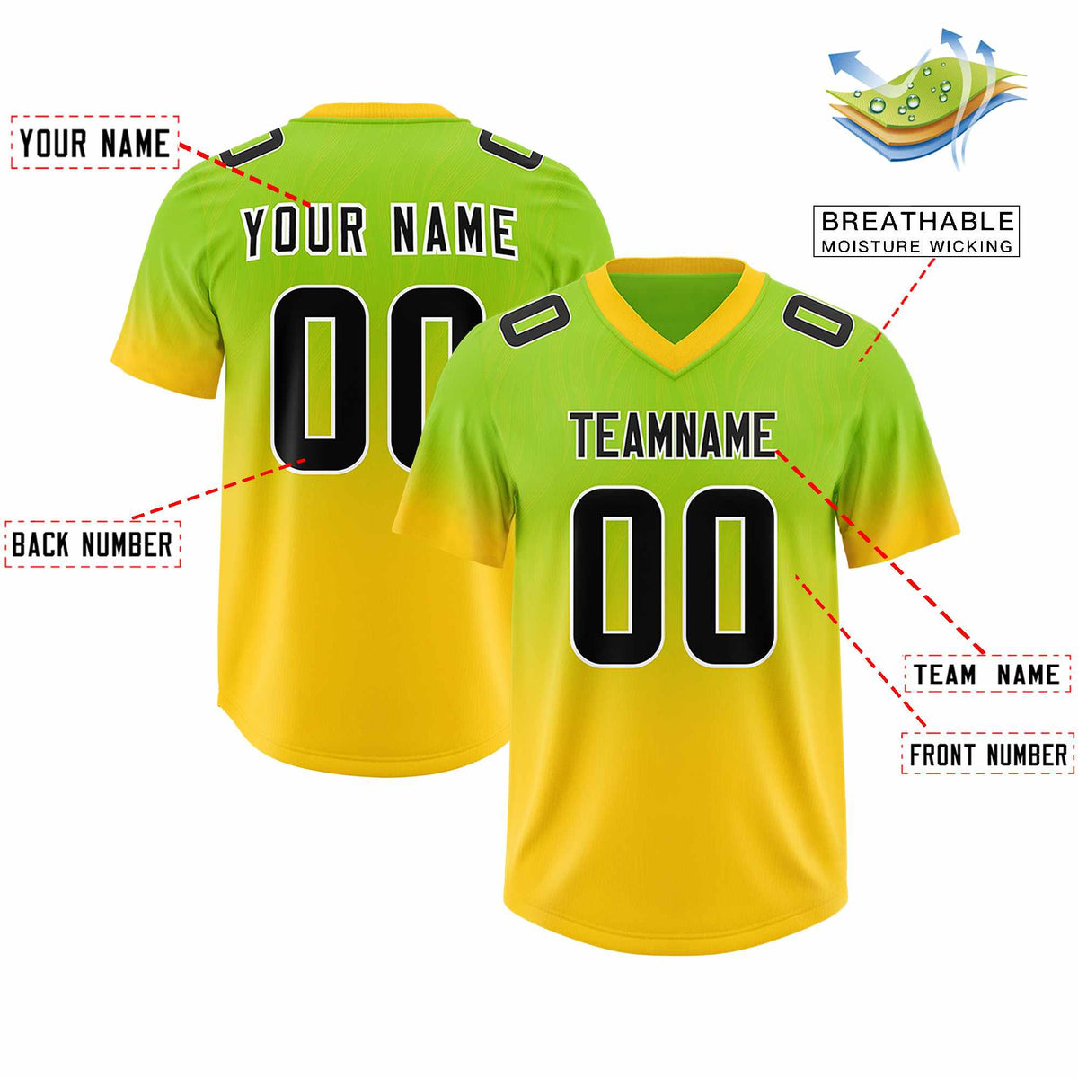 Custom Neon Green Gold Gradient Fashion Outdoor Authentic Football Jersey