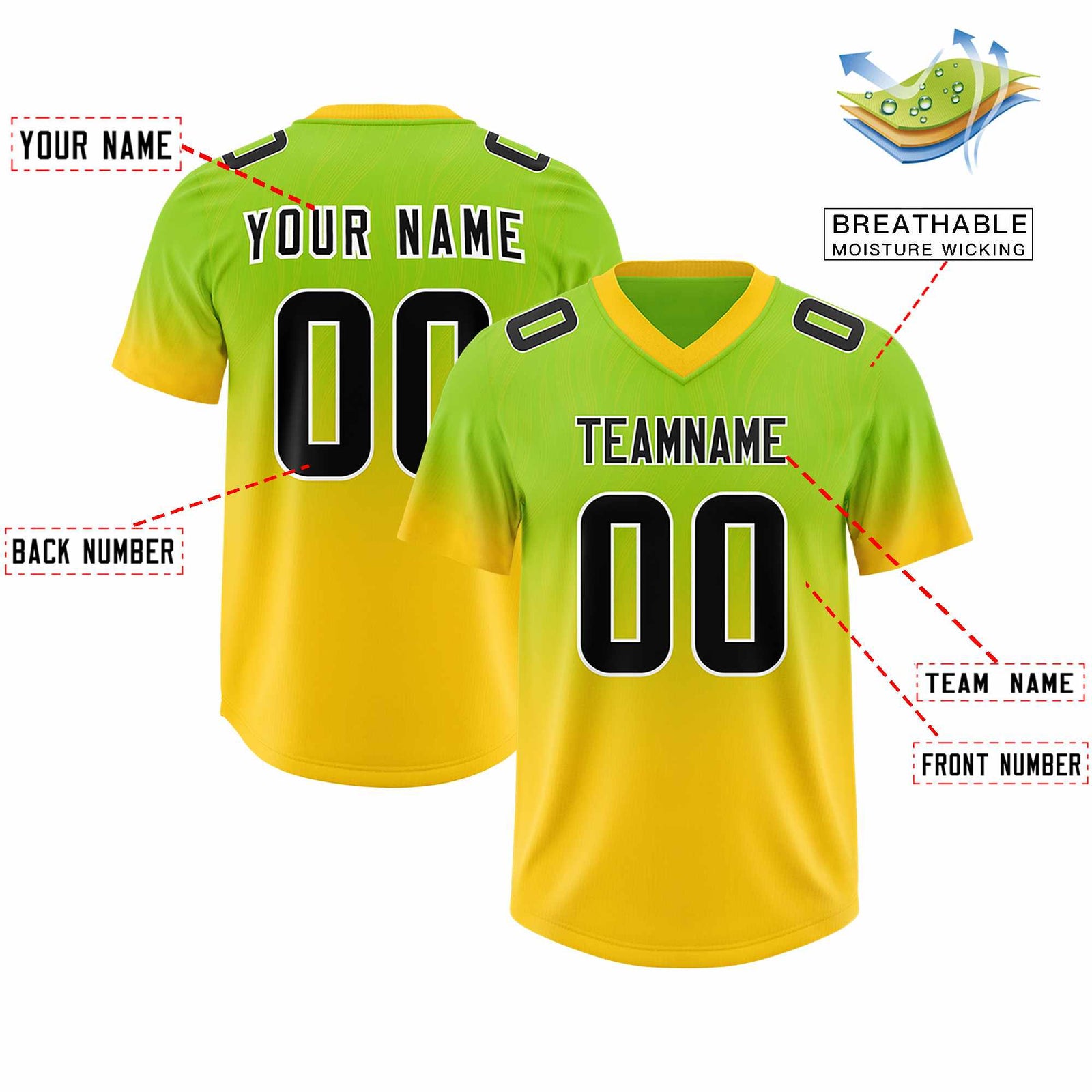 Custom Neon Green Gold Gradient Fashion Outdoor Authentic Football Jersey