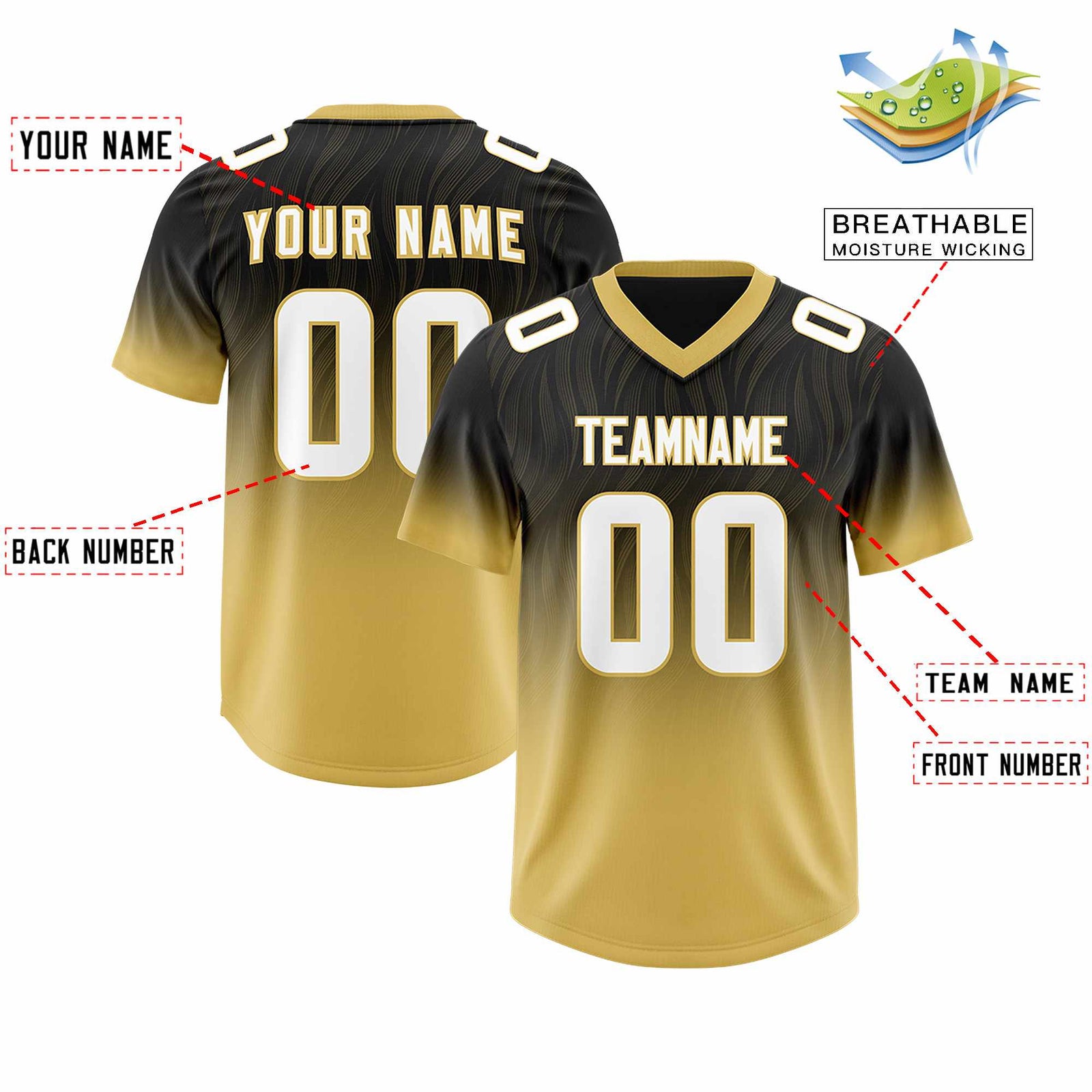 Custom Black Old Gold Gradient Fashion Outdoor Authentic Football Jersey