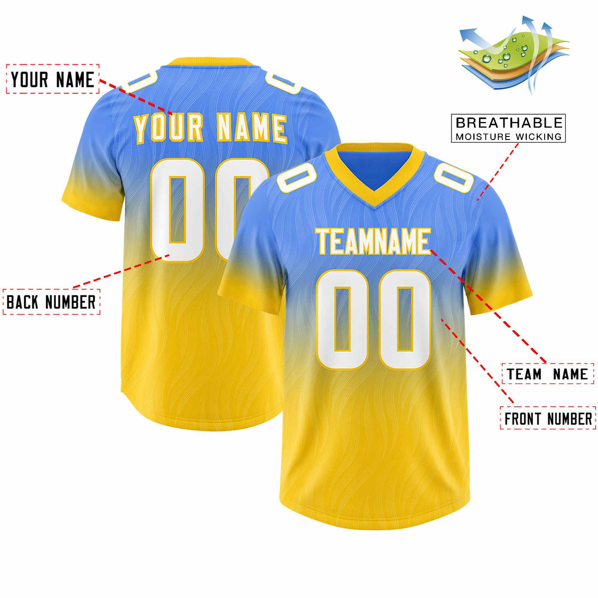 Custom Powder Blue Gold Gradient Fashion Outdoor Authentic Football Jersey