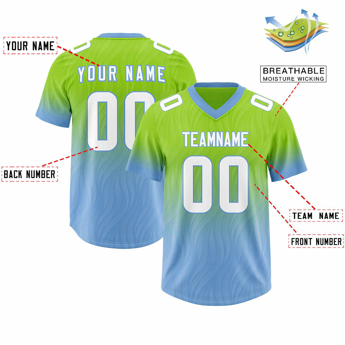 Custom Neon Green Powder Blue Gradient Fashion Outdoor Authentic Football Jersey