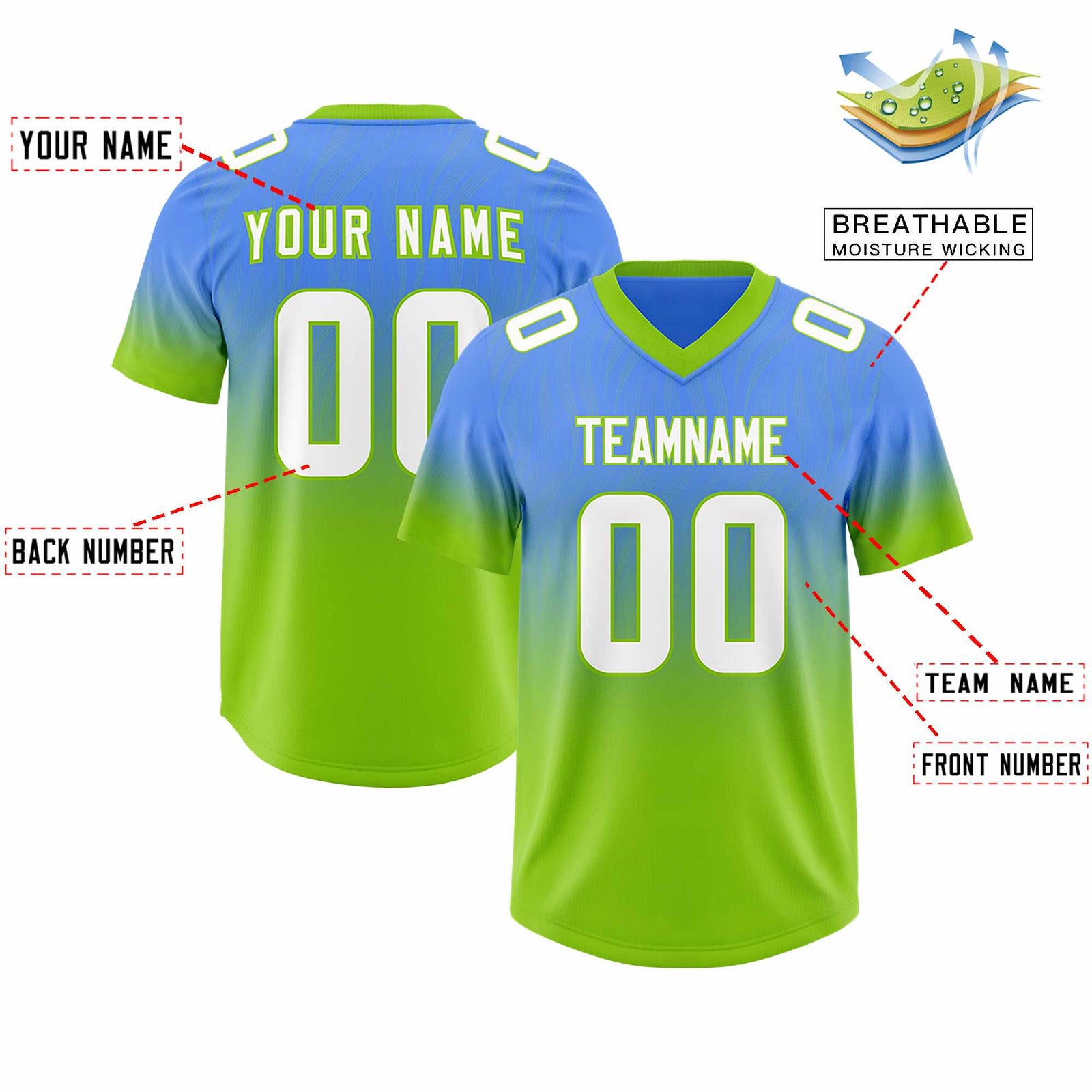 Custom Powder Blue Neon Green Gradient Fashion Outdoor Authentic Football Jersey