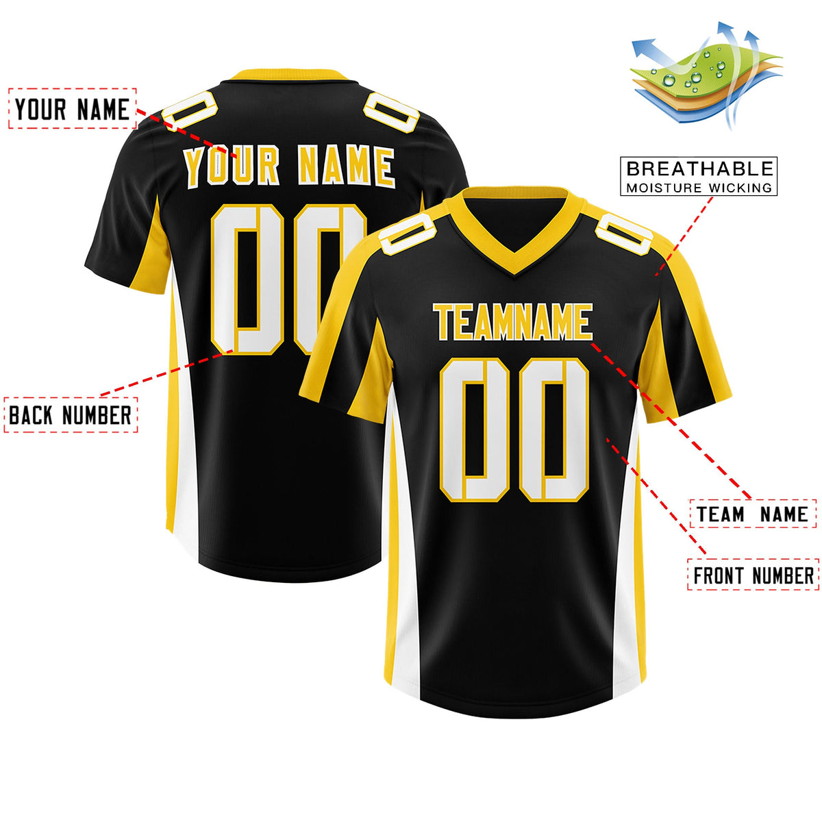 Custom Black Gold Side Stripe Pattern Authentic Football Jersey