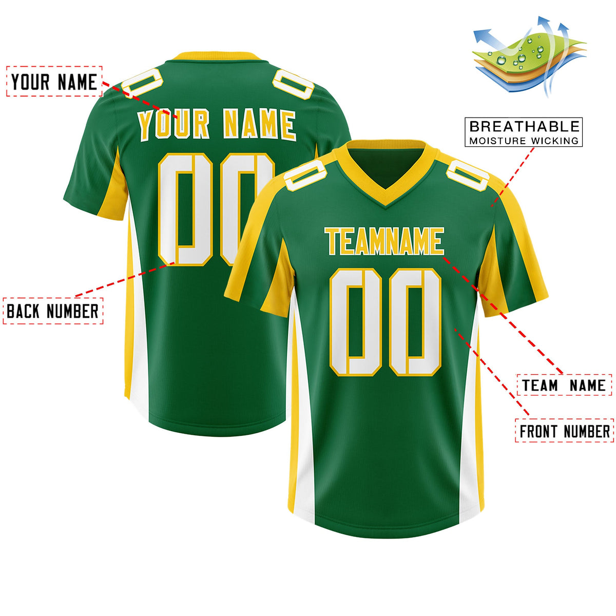 Custom Kelly Green Gold Side Stripe Pattern Authentic Football Jersey