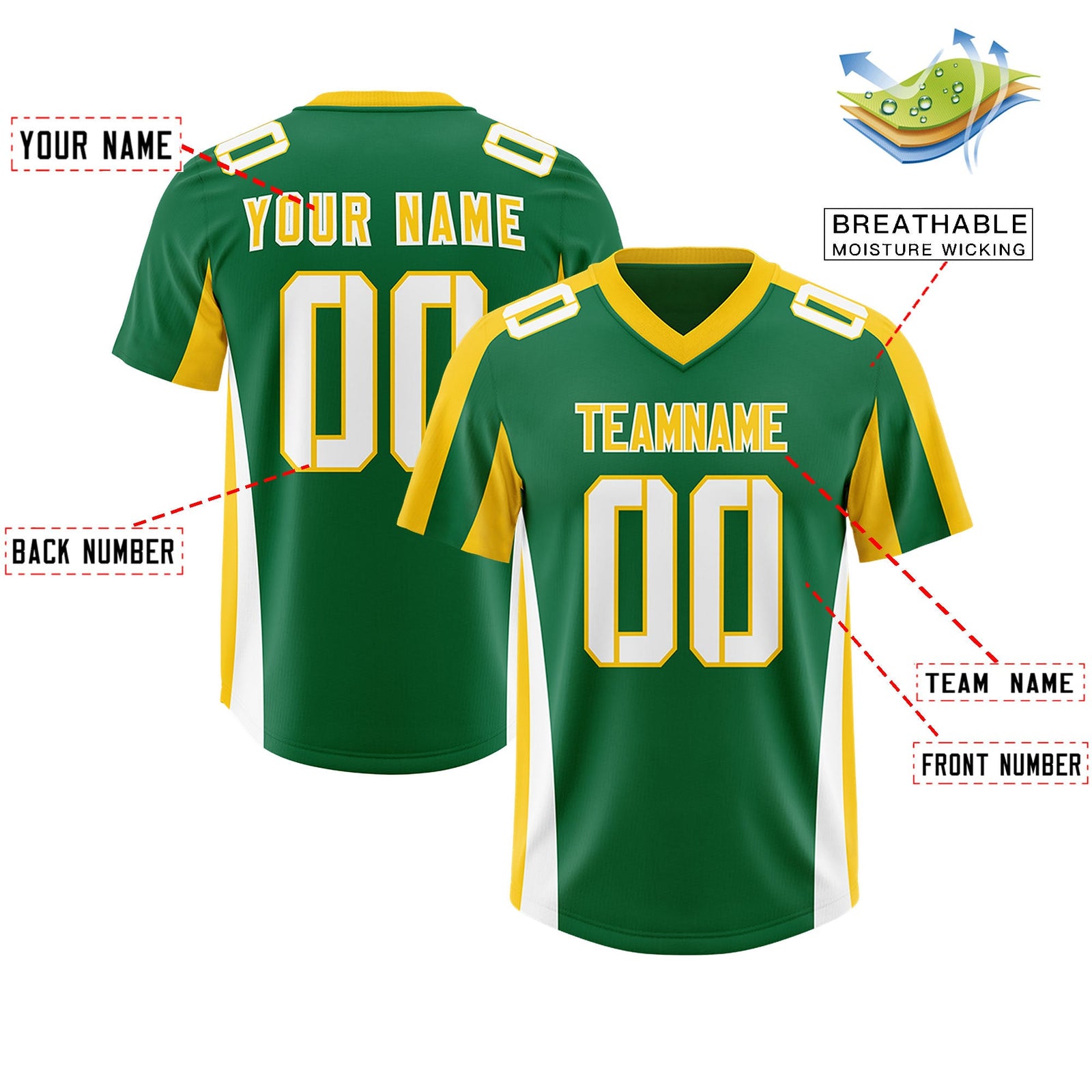 Custom Kelly Green Gold Side Stripe Pattern Authentic Football Jersey