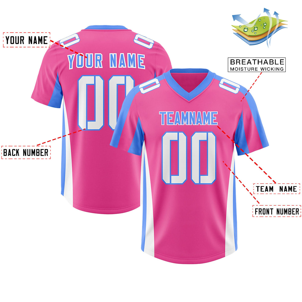 Custom Pink Powder Blue Side Stripe Pattern Authentic Football Jersey