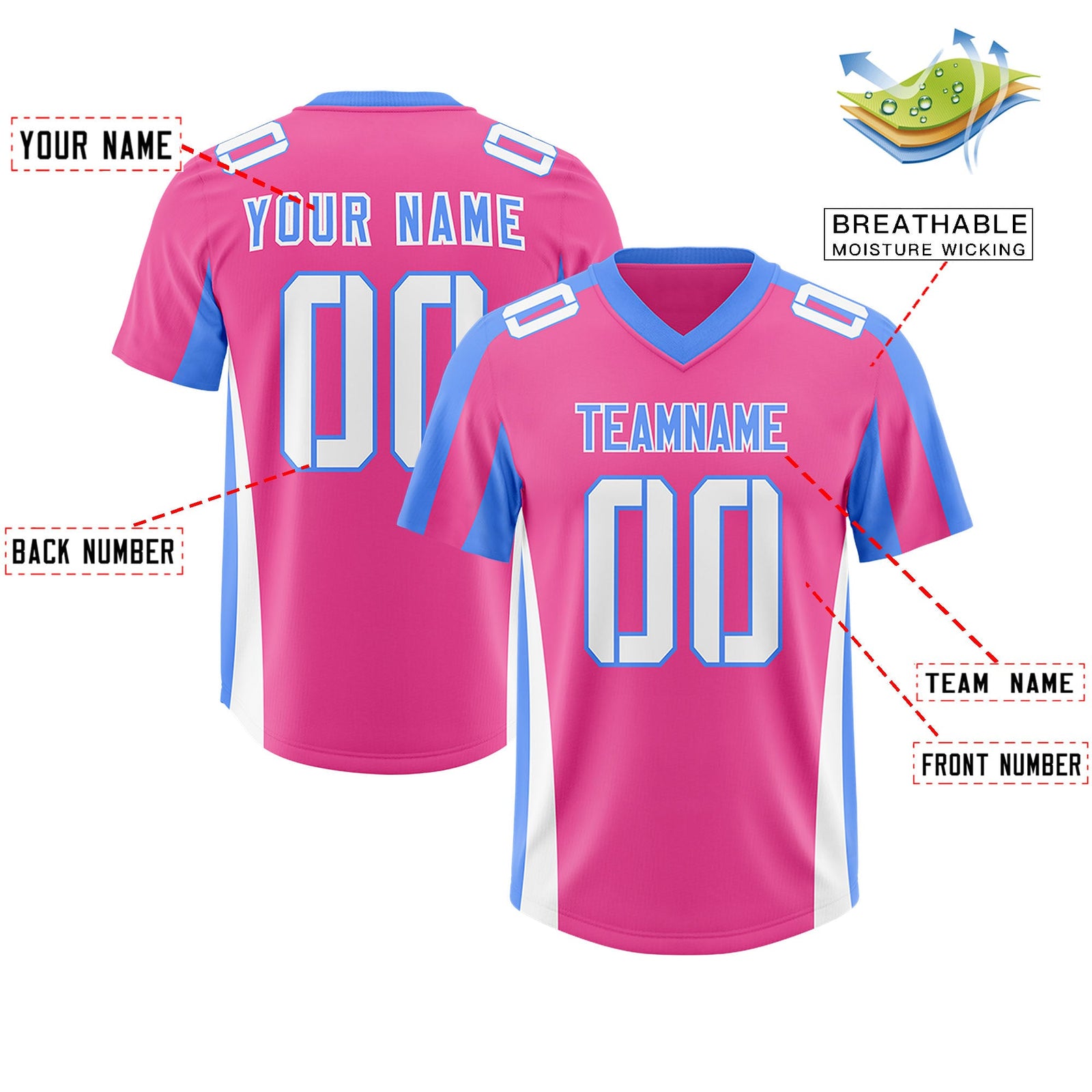 Custom Pink Powder Blue Side Stripe Pattern Authentic Football Jersey
