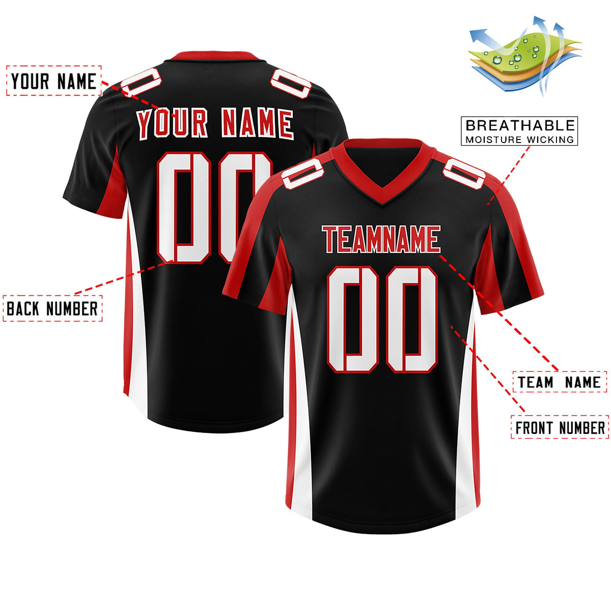 Custom Black Red Side Stripe Pattern Authentic Football Jersey