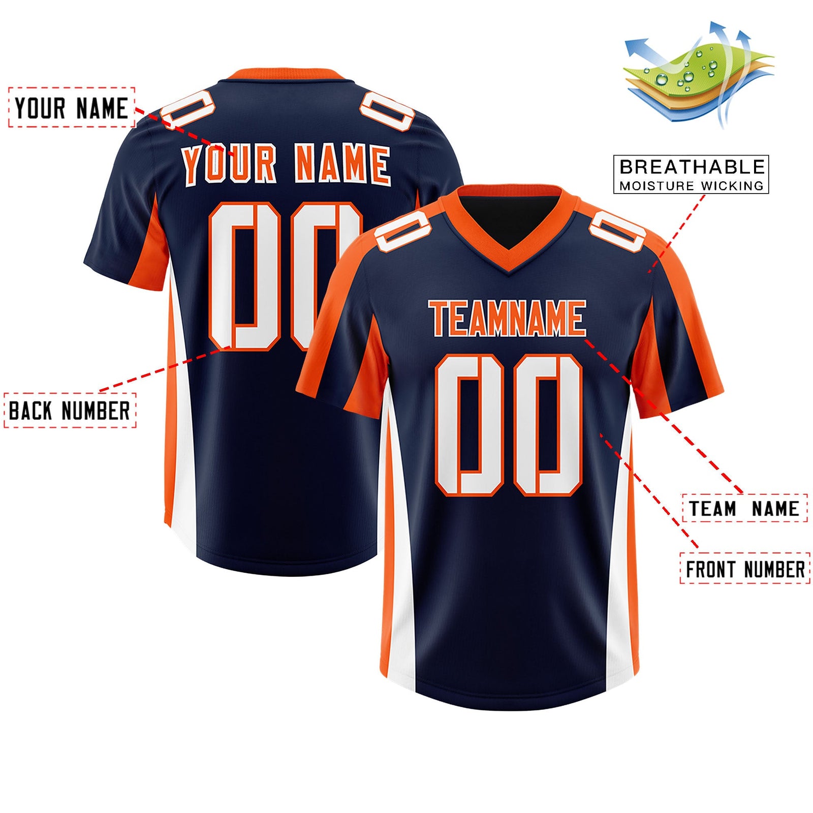 Custom Navy Orange Side Stripe Pattern Authentic Football Jersey