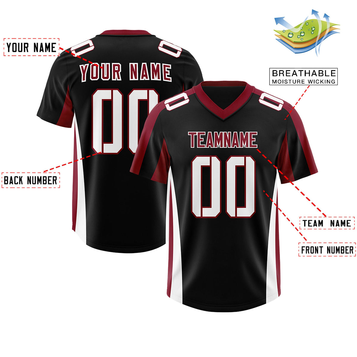 Custom Black Crimson Side Stripe Pattern Authentic Football Jersey
