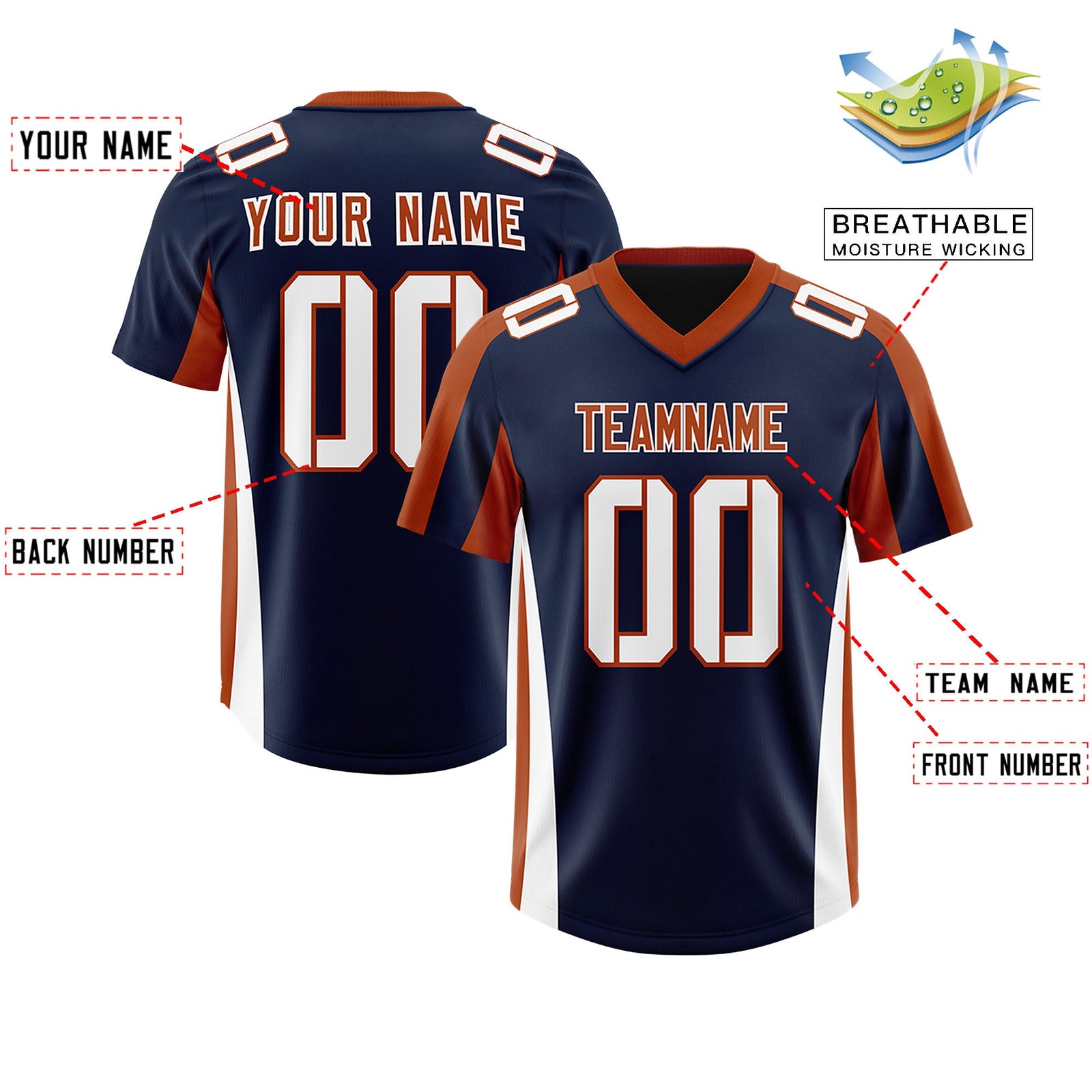 Custom Navy Texas Orange Side Stripe Pattern Authentic Football Jersey