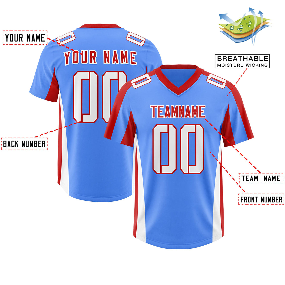 Custom Powder Blue Red Side Stripe Pattern Authentic Football Jersey