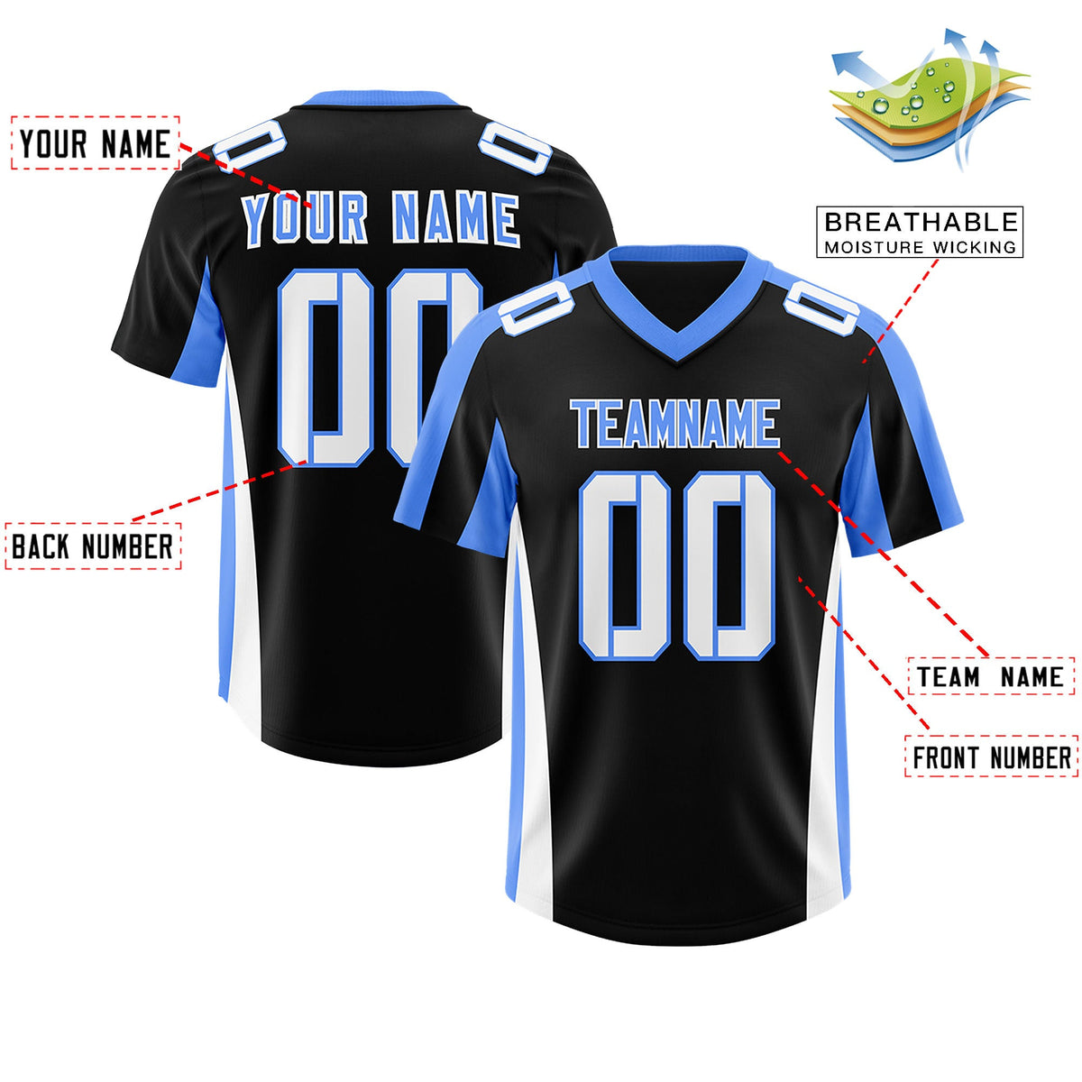 Custom Black Powder Blue Side Stripe Pattern Authentic Football Jersey