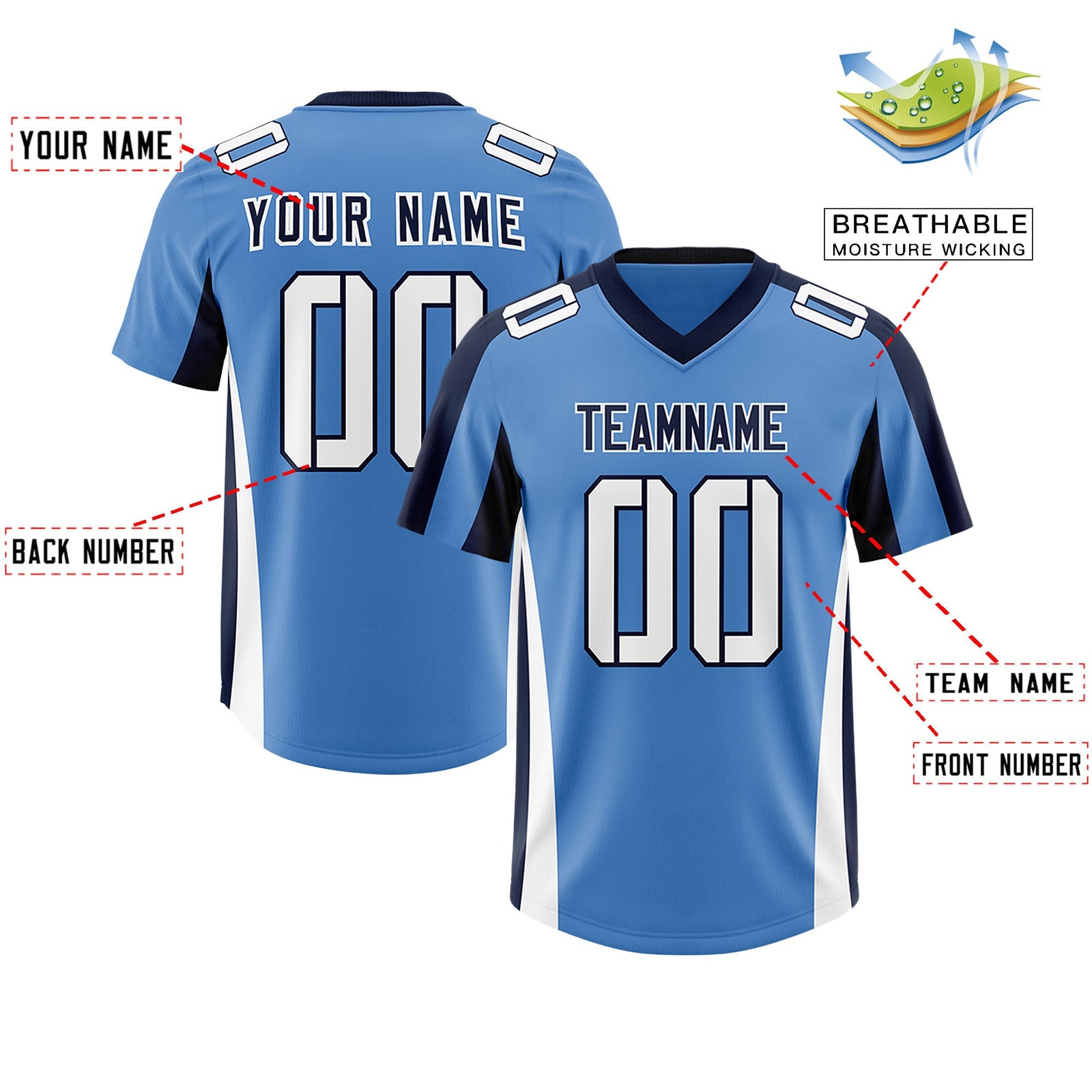 Custom Powder Blue Navy Side Stripe Pattern Authentic Football Jersey