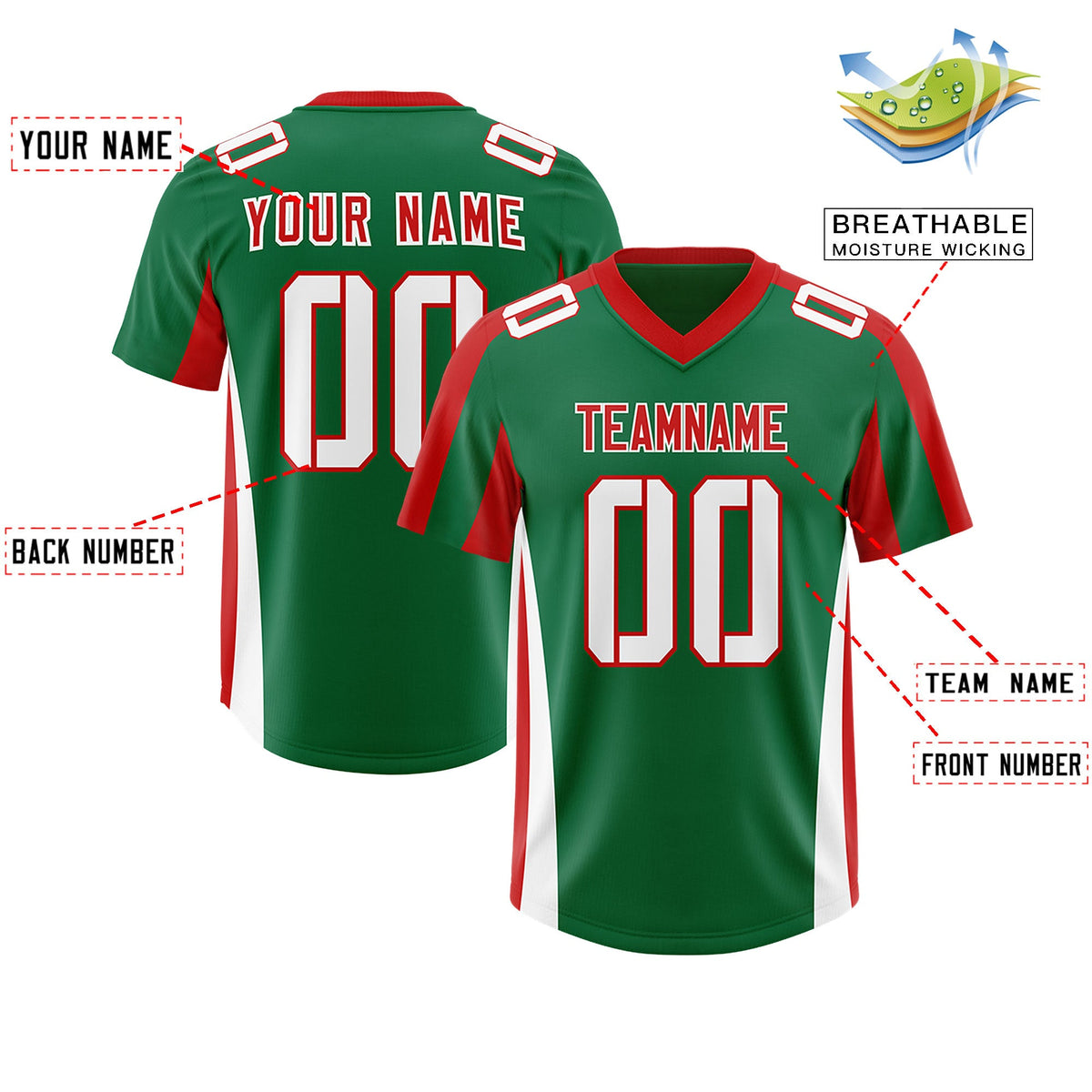 Custom Kelly Green Red Side Stripe Pattern Authentic Football Jersey