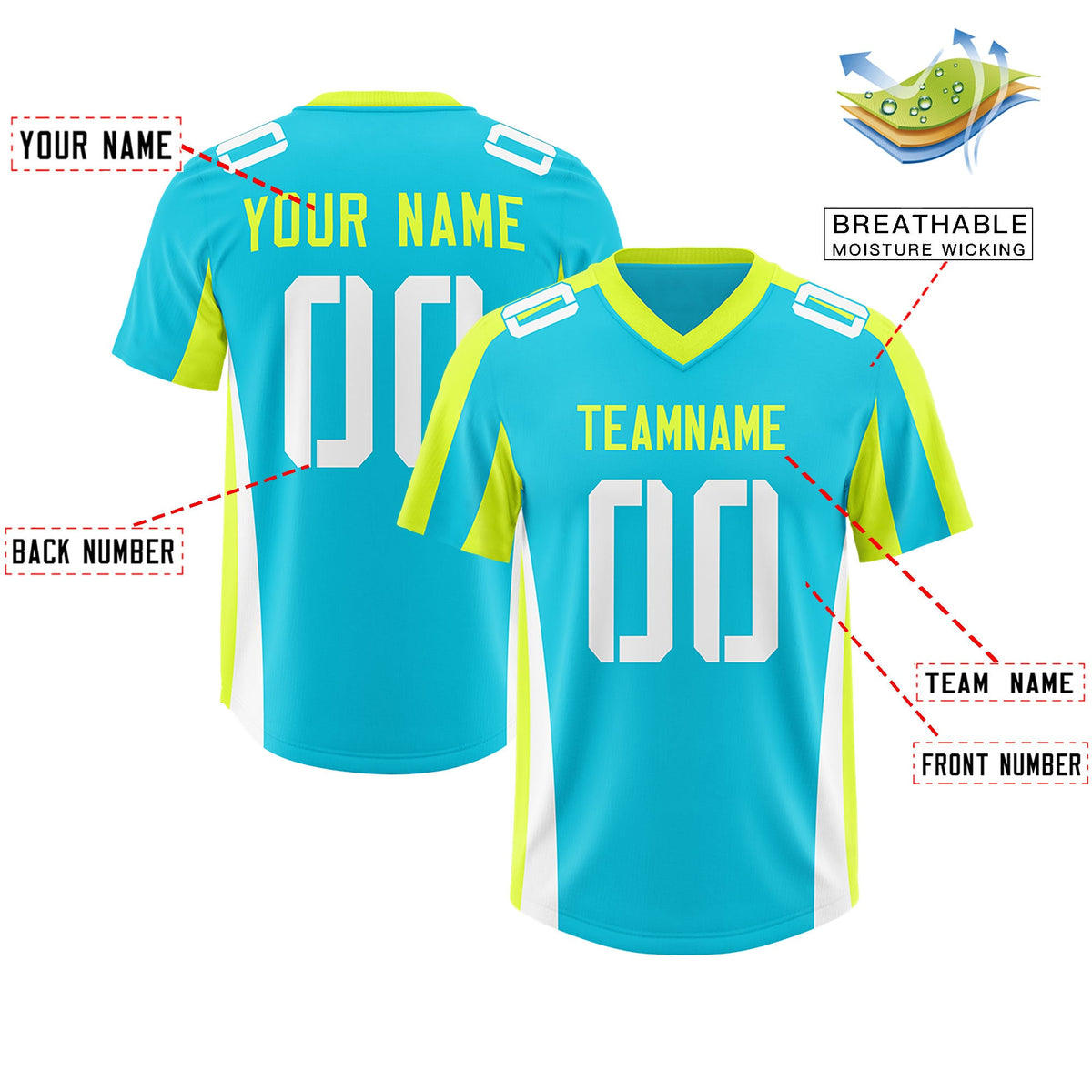 Custom Sky Blue Fluorescent Green Side Stripe Pattern Authentic Football Jersey