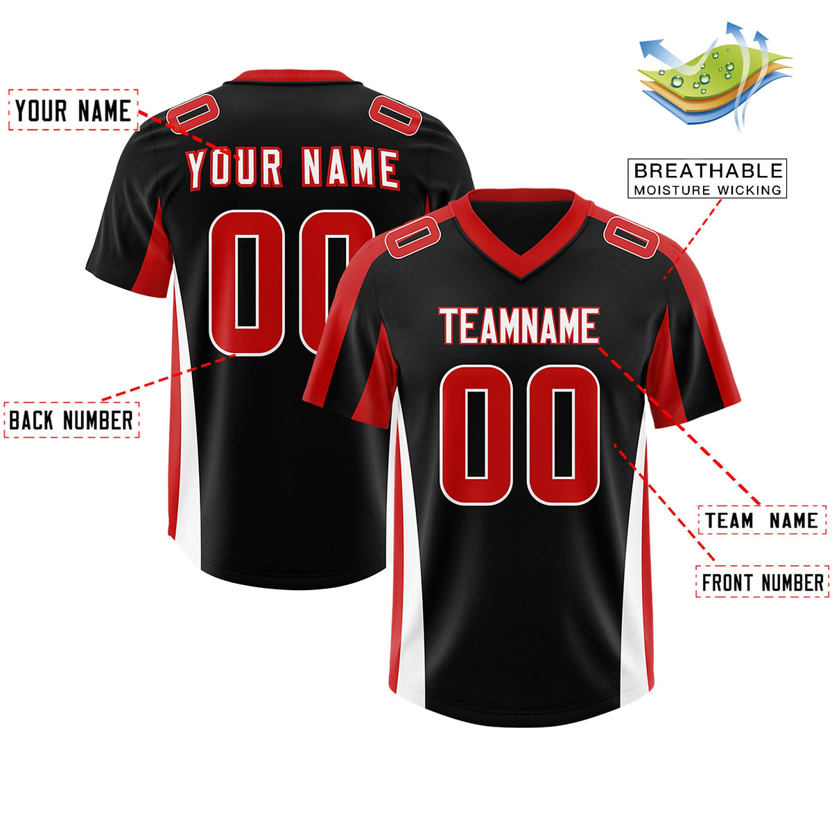 Custom Black Red Side Stripe Pattern Authentic Football Jersey