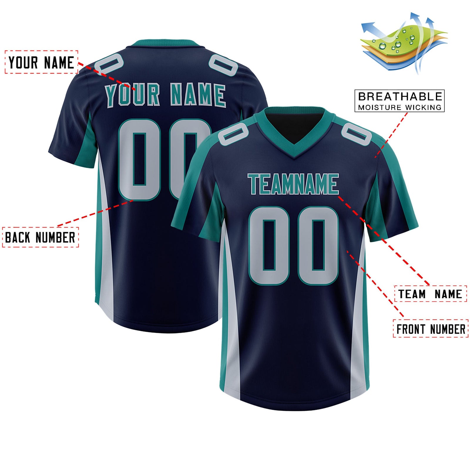 Custom Navy Aqua Side Stripe Pattern Authentic Football Jersey