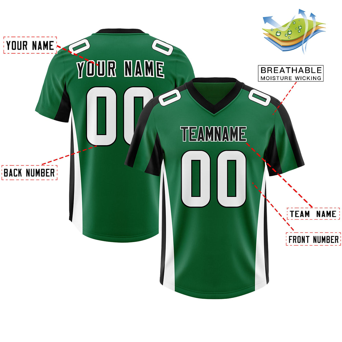 Custom Kelly Green Black Side Stripe Pattern Authentic Football Jersey