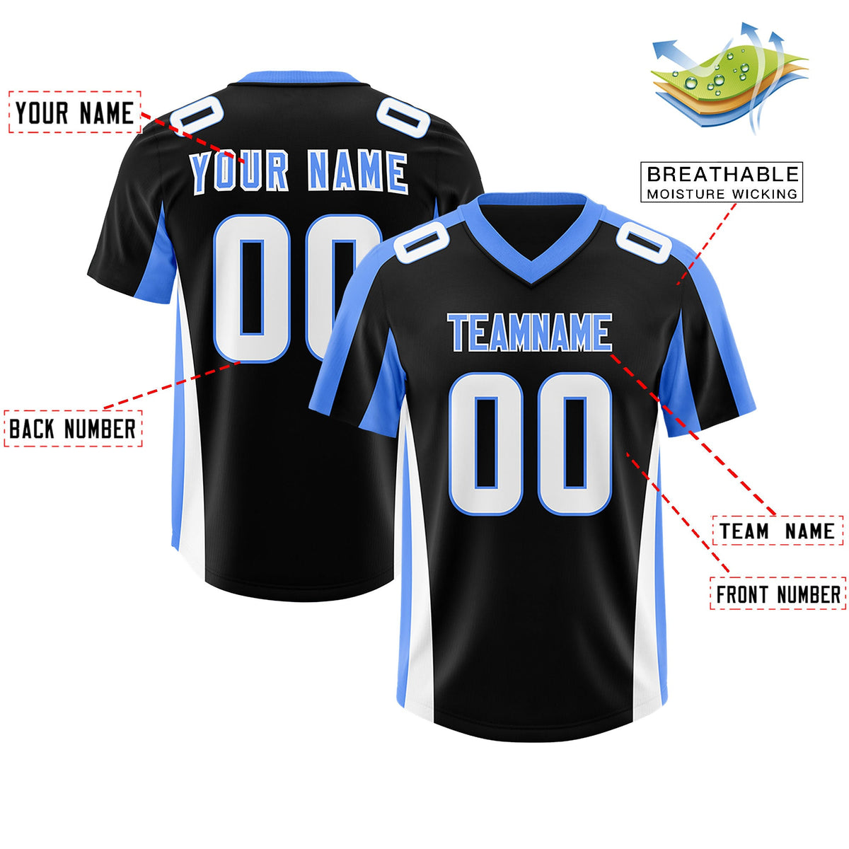 Custom Black Powder Blue Side Stripe Pattern Authentic Football Jersey