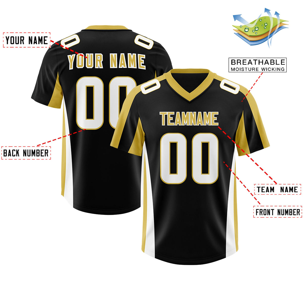 Custom Black Old Gold Side Stripe Pattern Authentic Football Jersey