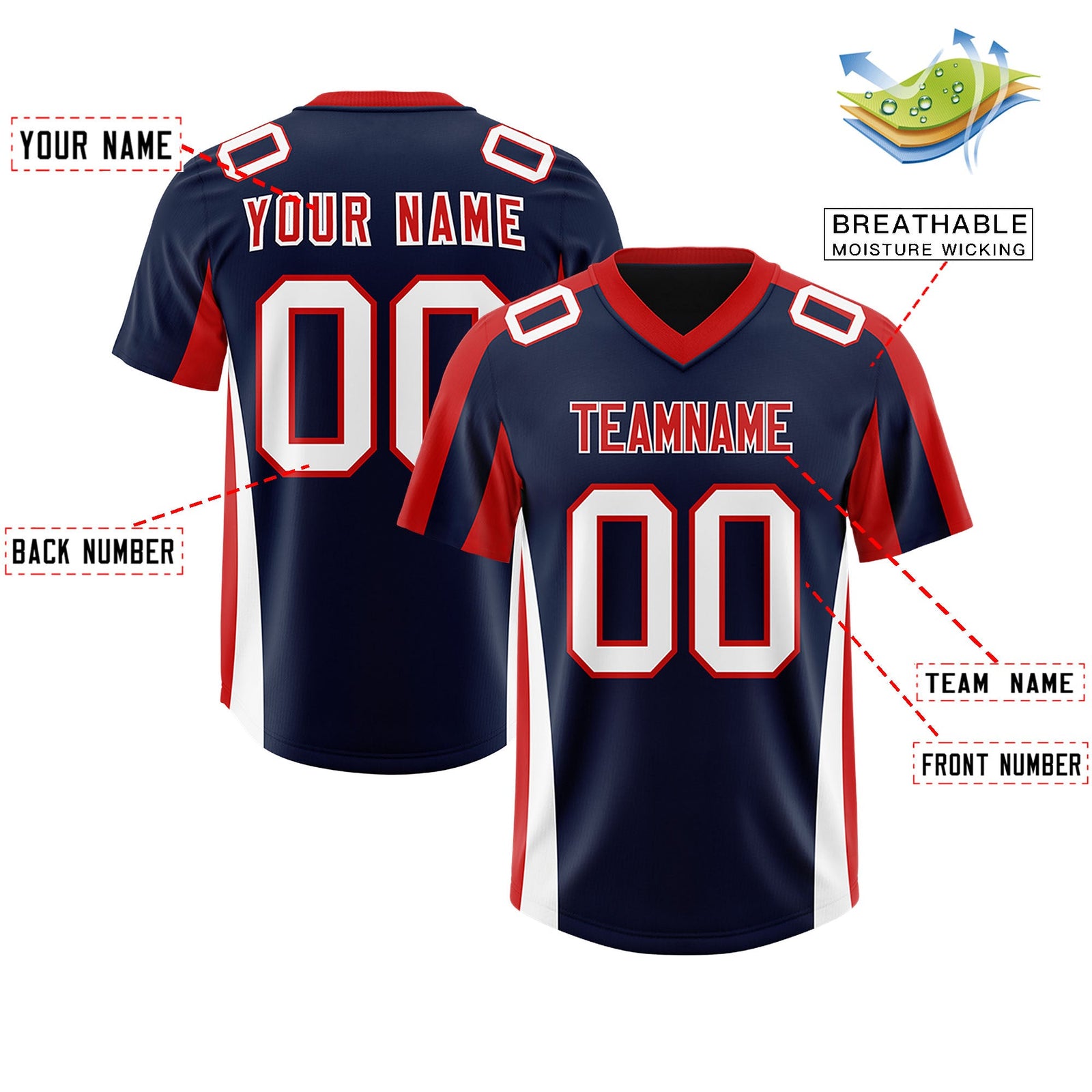 Custom Navy Red Side Stripe Pattern Authentic Football Jersey