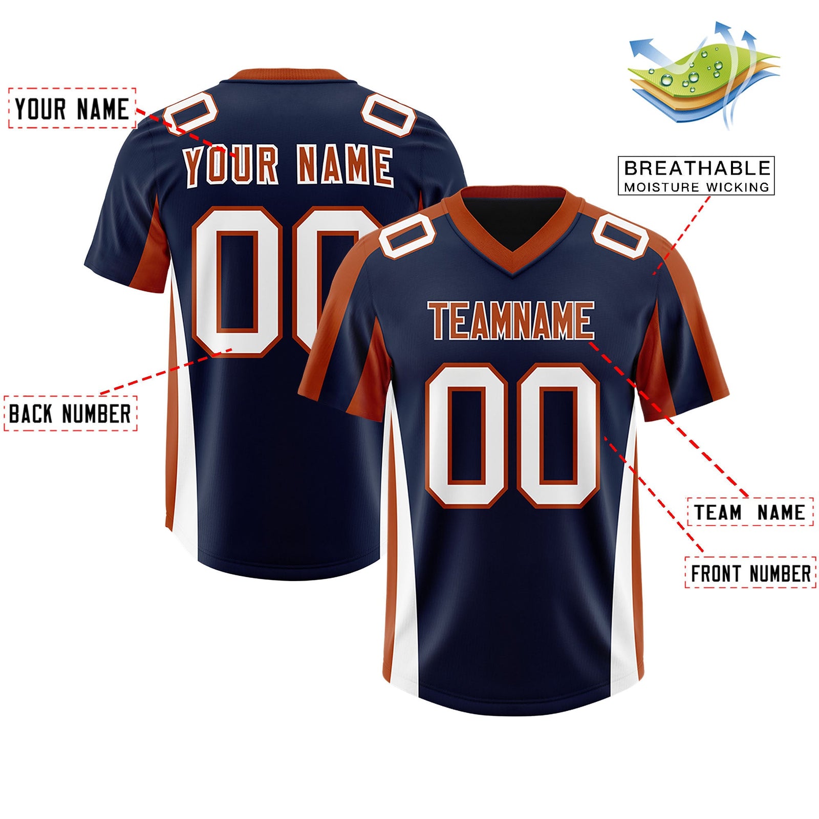 Custom Navy Texas Orange Side Stripe Pattern Authentic Football Jersey
