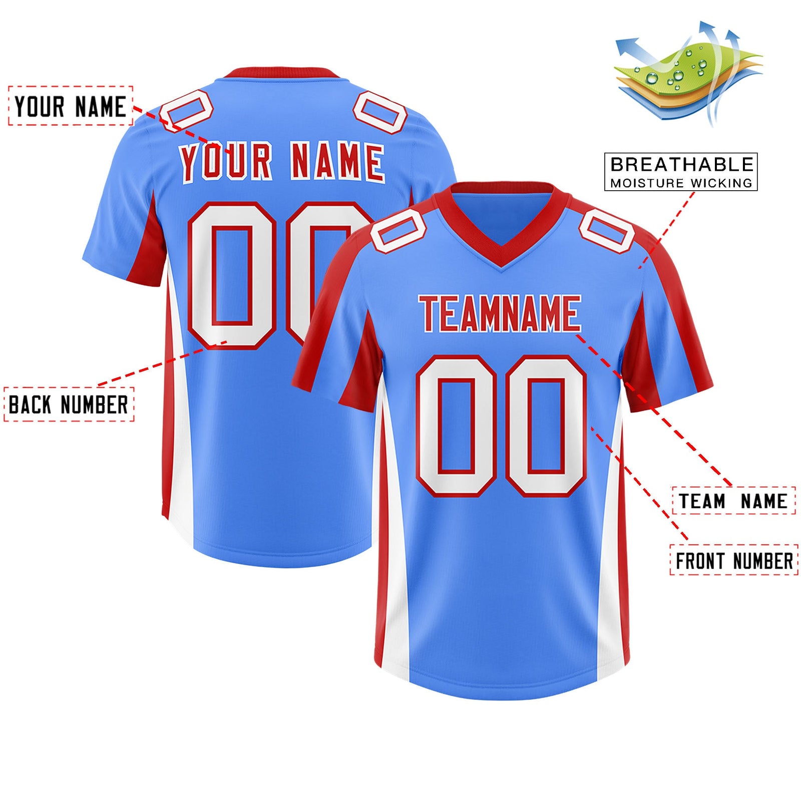 Custom Powder Blue Red Side Stripe Pattern Authentic Football Jersey
