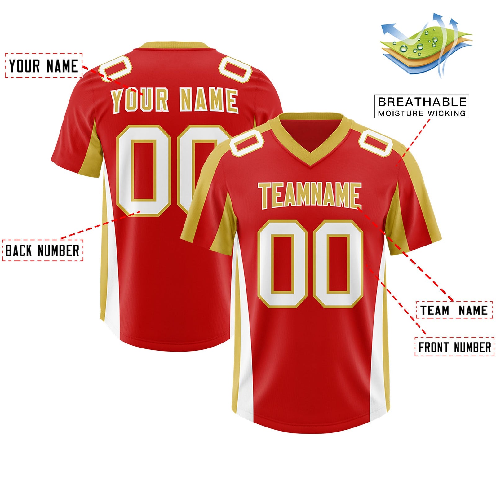 Custom Red Old Gold Side Stripe Pattern Authentic Football Jersey
