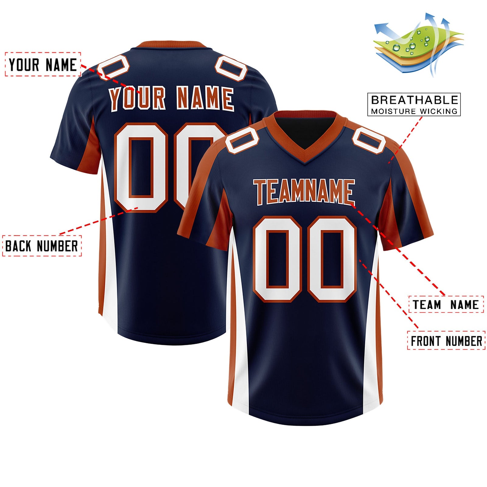 Custom Navy Texas Orange Side Stripe Pattern Authentic Football Jersey